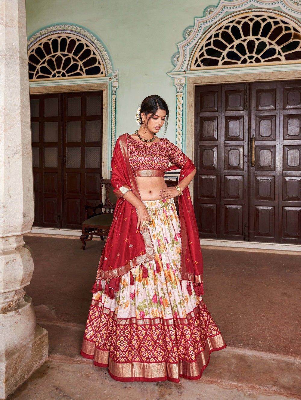 Womens Red Dola Silk With Foil Print Lehenga Choli Set