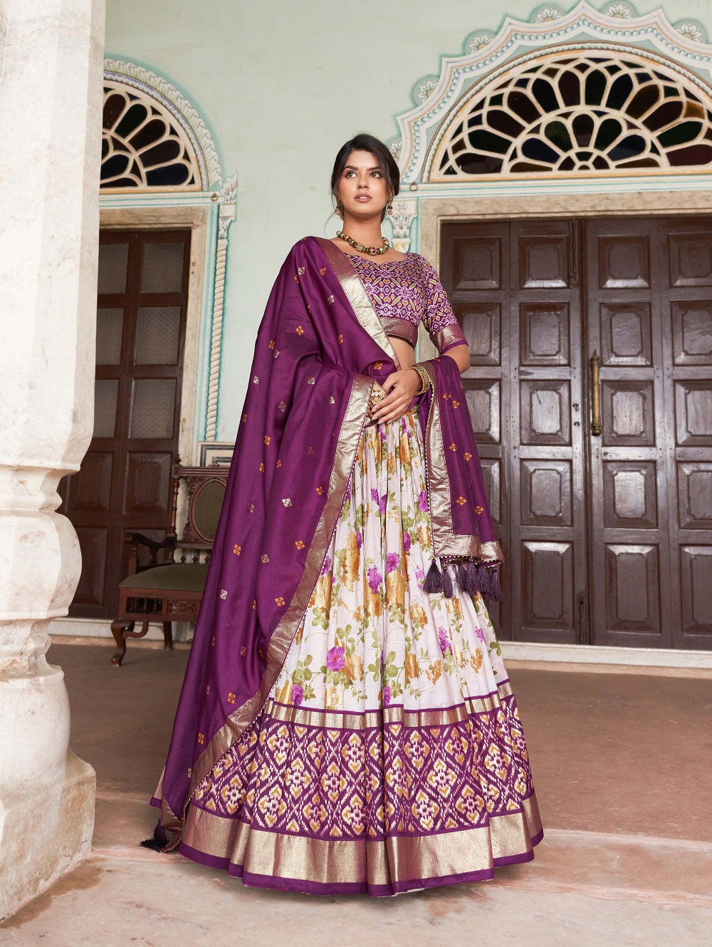 Womens Wine Dola Silk With Foil Print Lehenga Choli Set