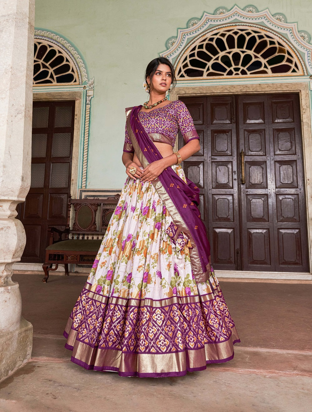 Womens Wine Dola Silk With Foil Print Lehenga Choli Set