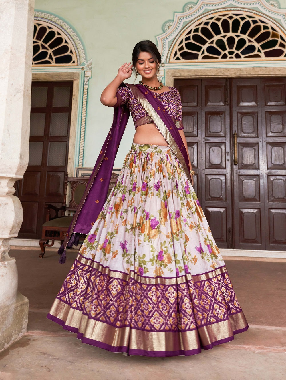 Womens Wine Dola Silk With Foil Print Lehenga Choli Set