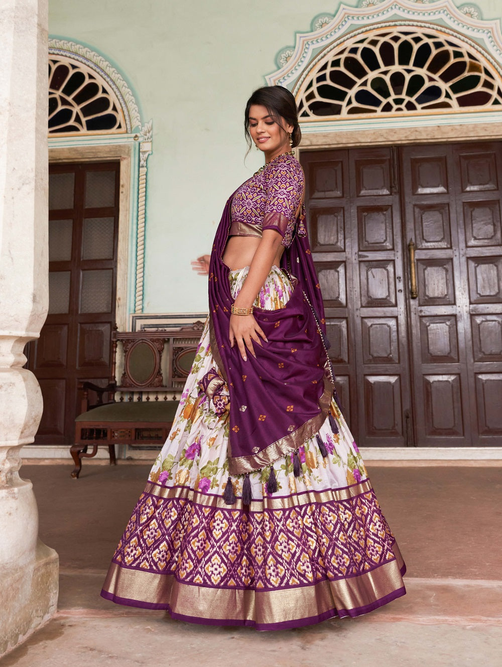 Womens Wine Dola Silk With Foil Print Lehenga Choli Set
