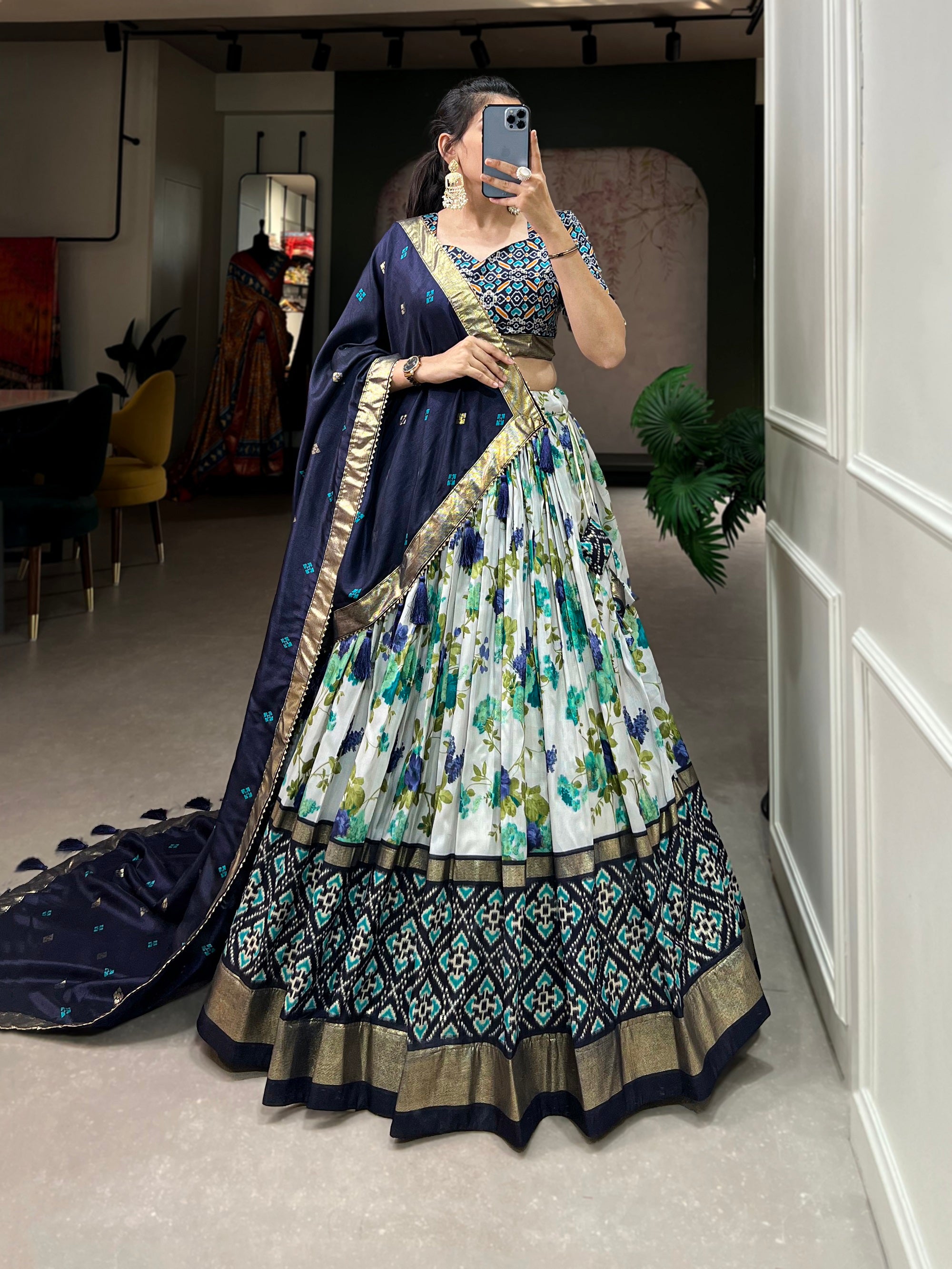 Womens Navy Blue Dola Silk With Foil Print Lehenga Choli Set
