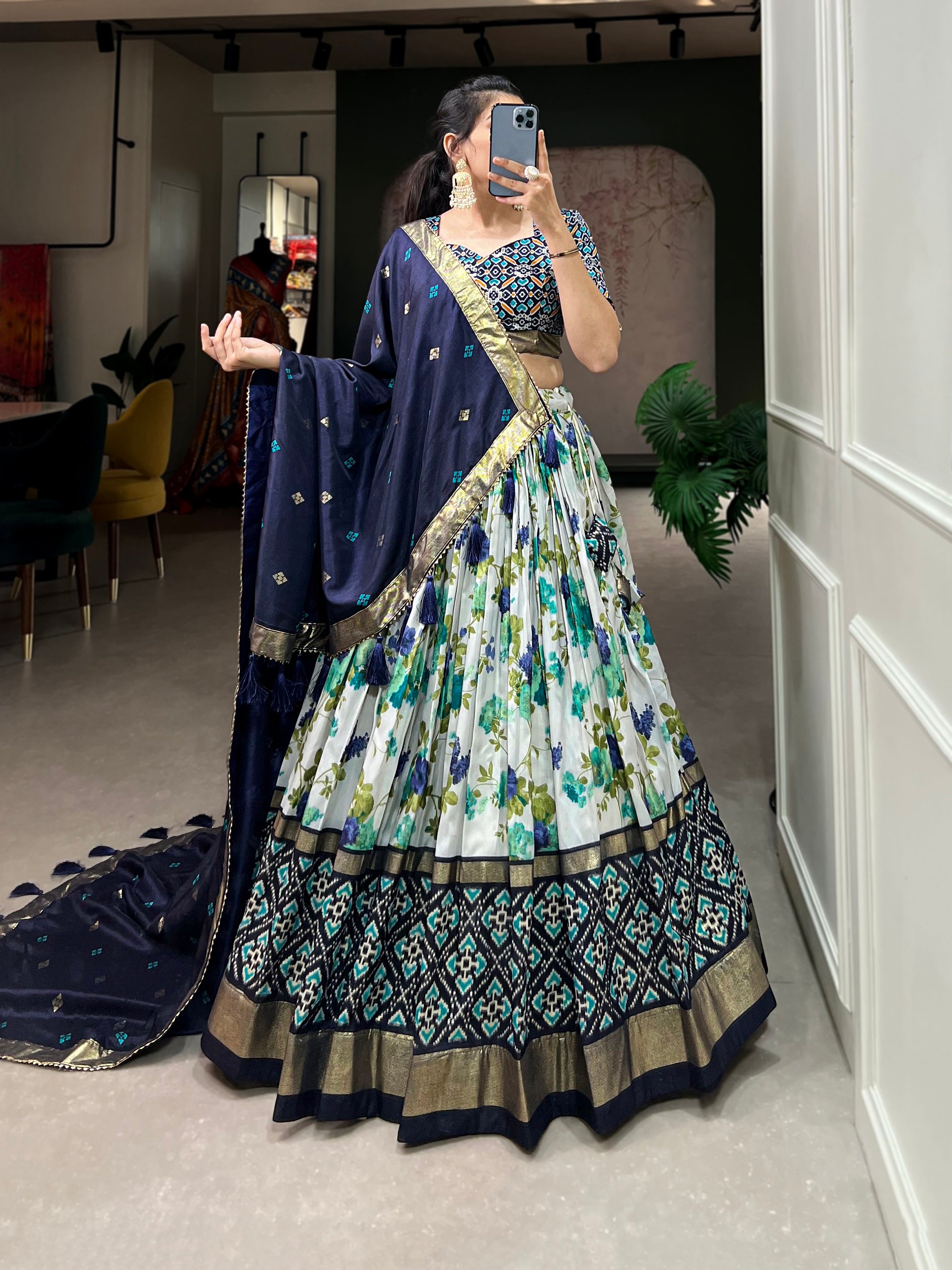 Womens Navy Blue Dola Silk With Foil Print Lehenga Choli Set