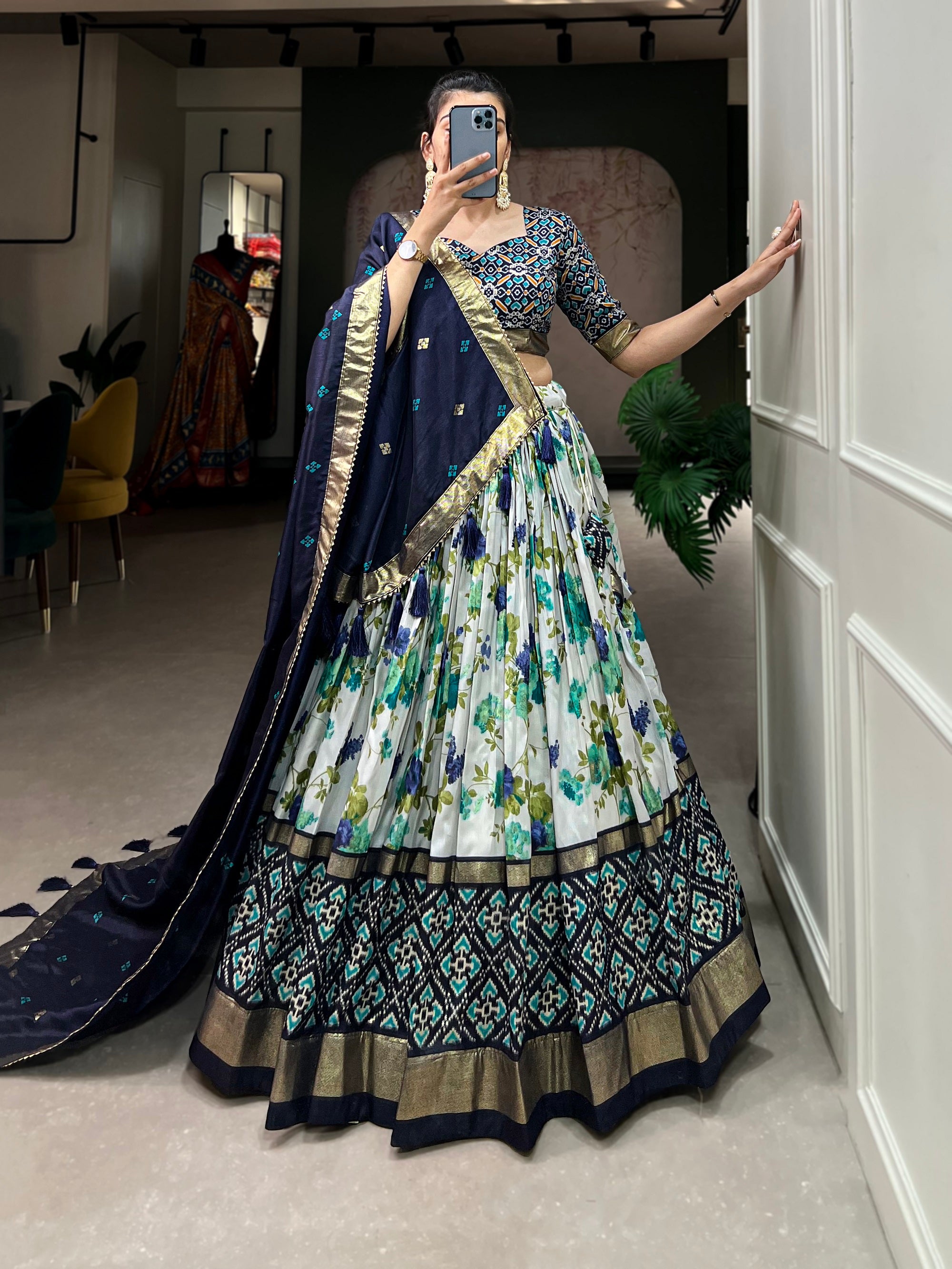 Womens Navy Blue Dola Silk With Foil Print Lehenga Choli Set