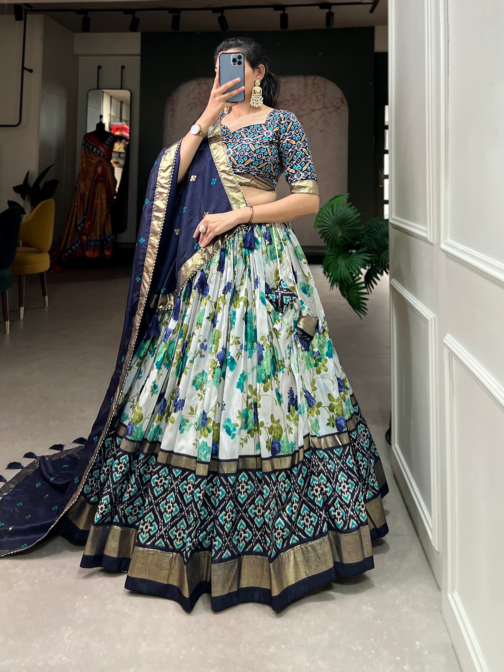 Womens Navy Blue Dola Silk With Foil Print Lehenga Choli Set