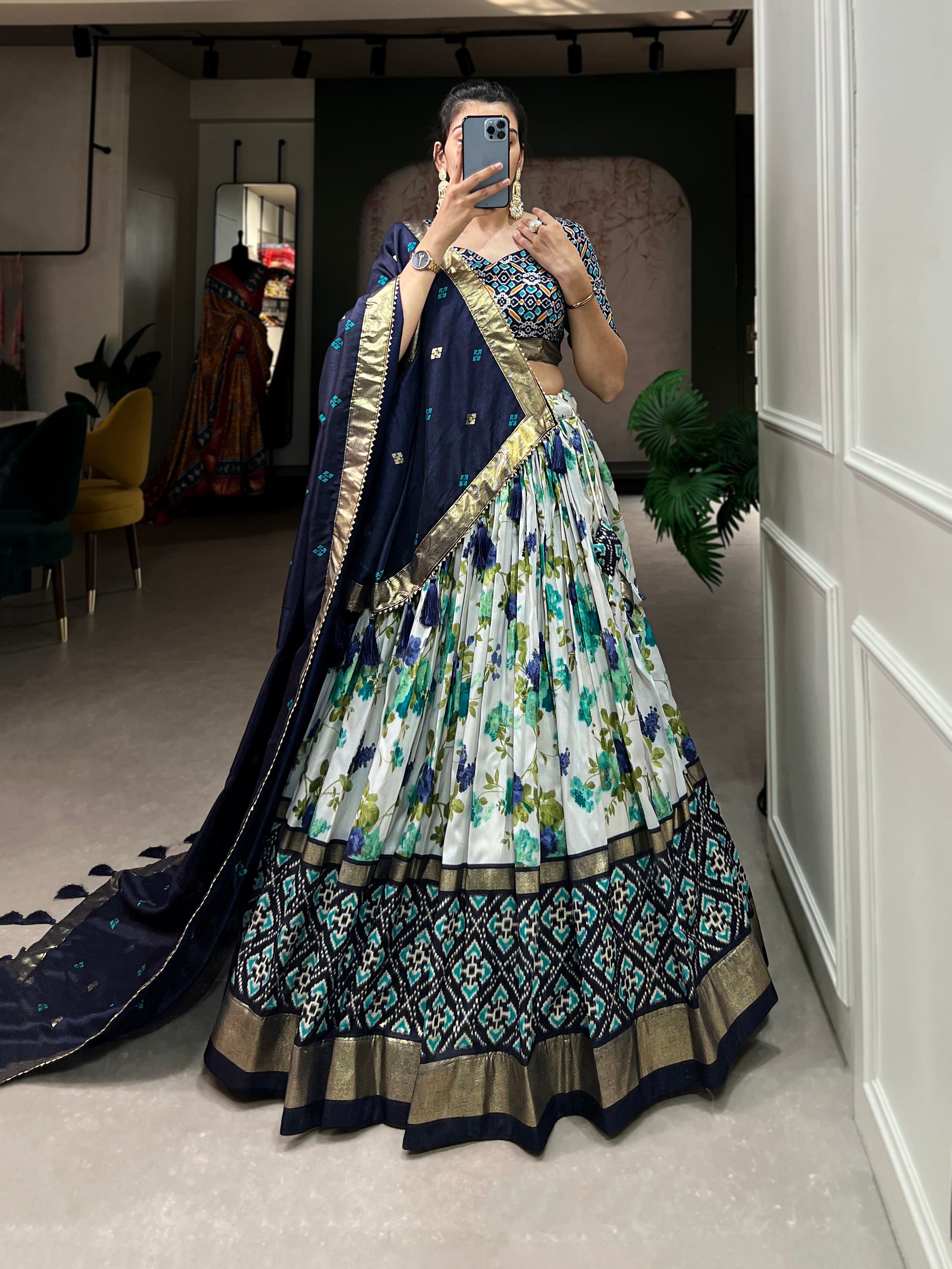 Womens Navy Blue Dola Silk With Foil Print Lehenga Choli Set