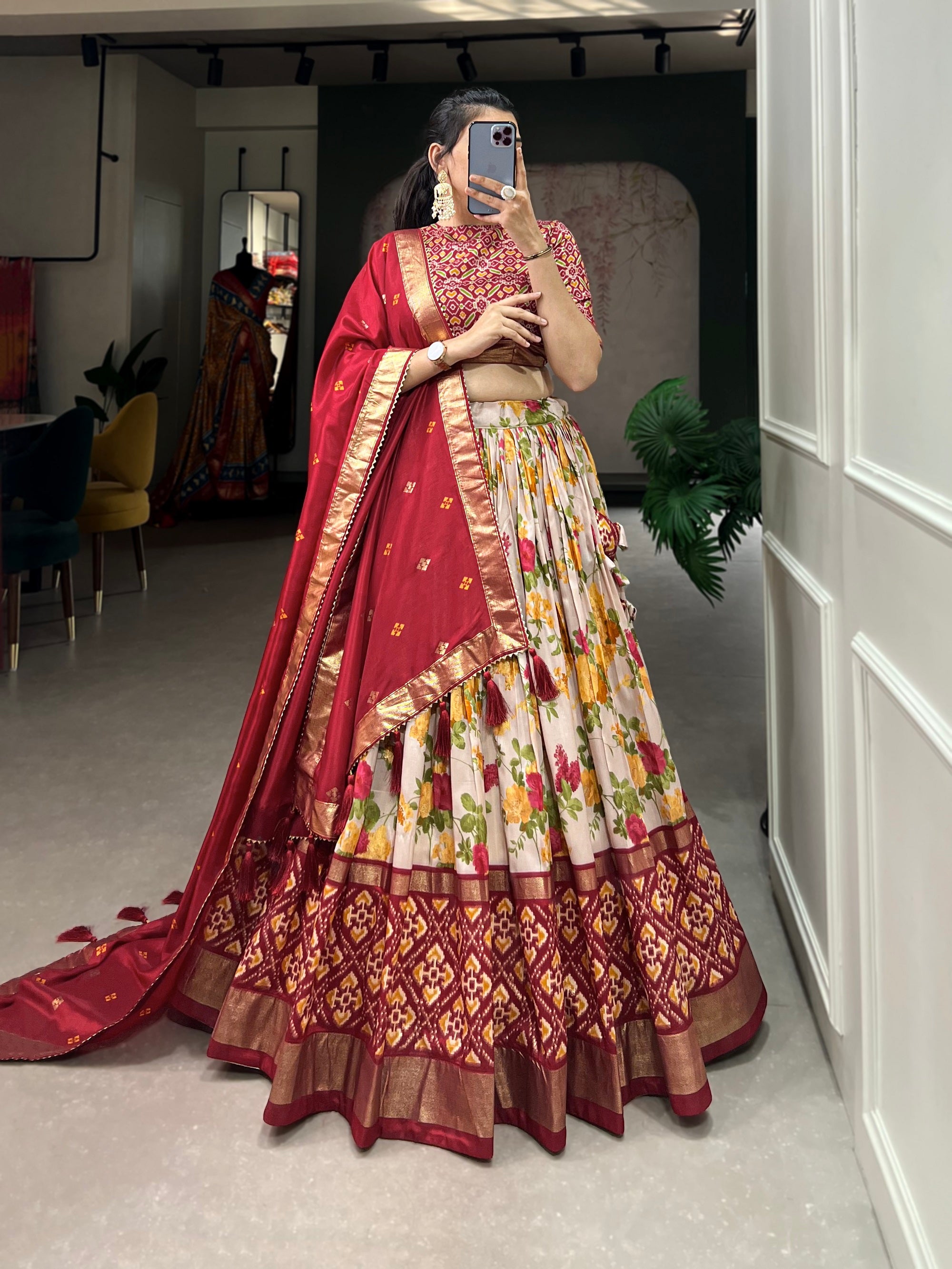 Womens Red Dola Silk With Foil Print Lehenga Choli Set