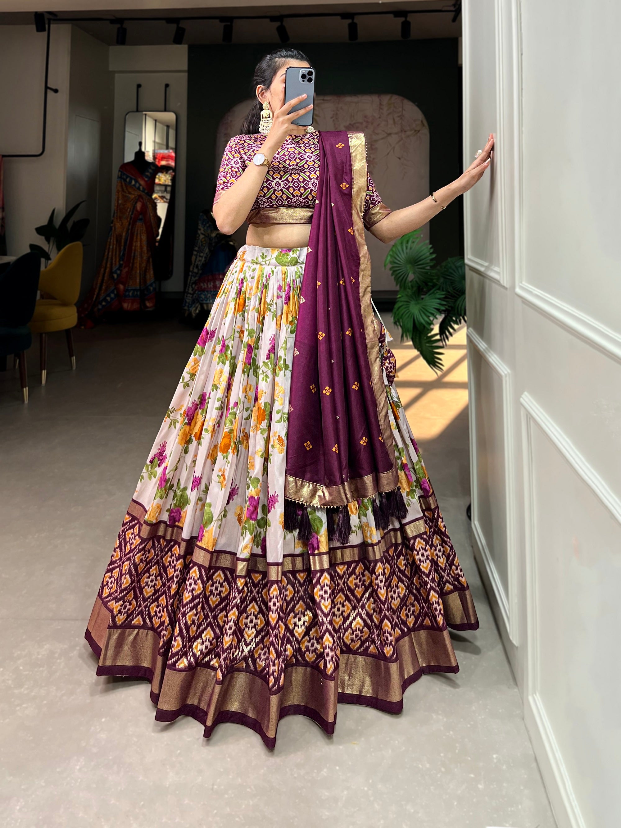 Womens Wine Dola Silk With Foil Print Lehenga Choli Set