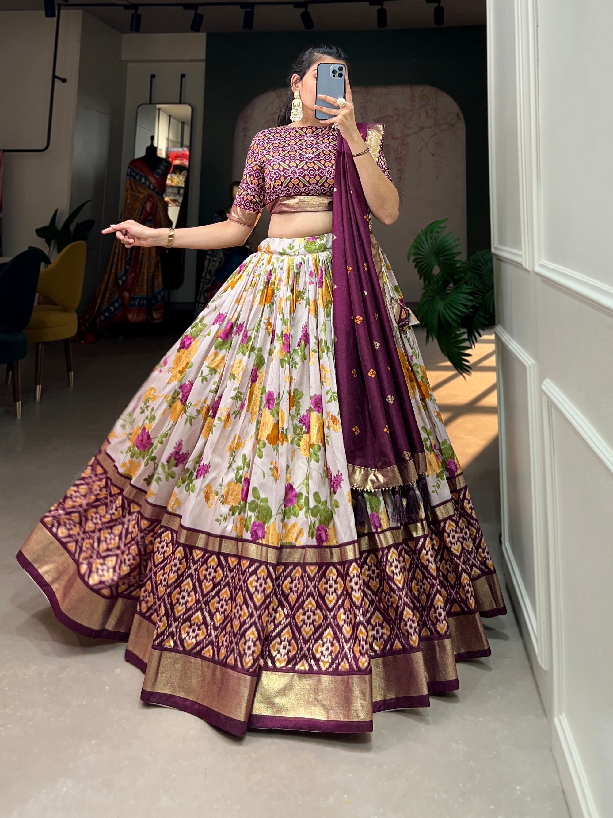 Womens Wine Dola Silk With Foil Print Lehenga Choli Set