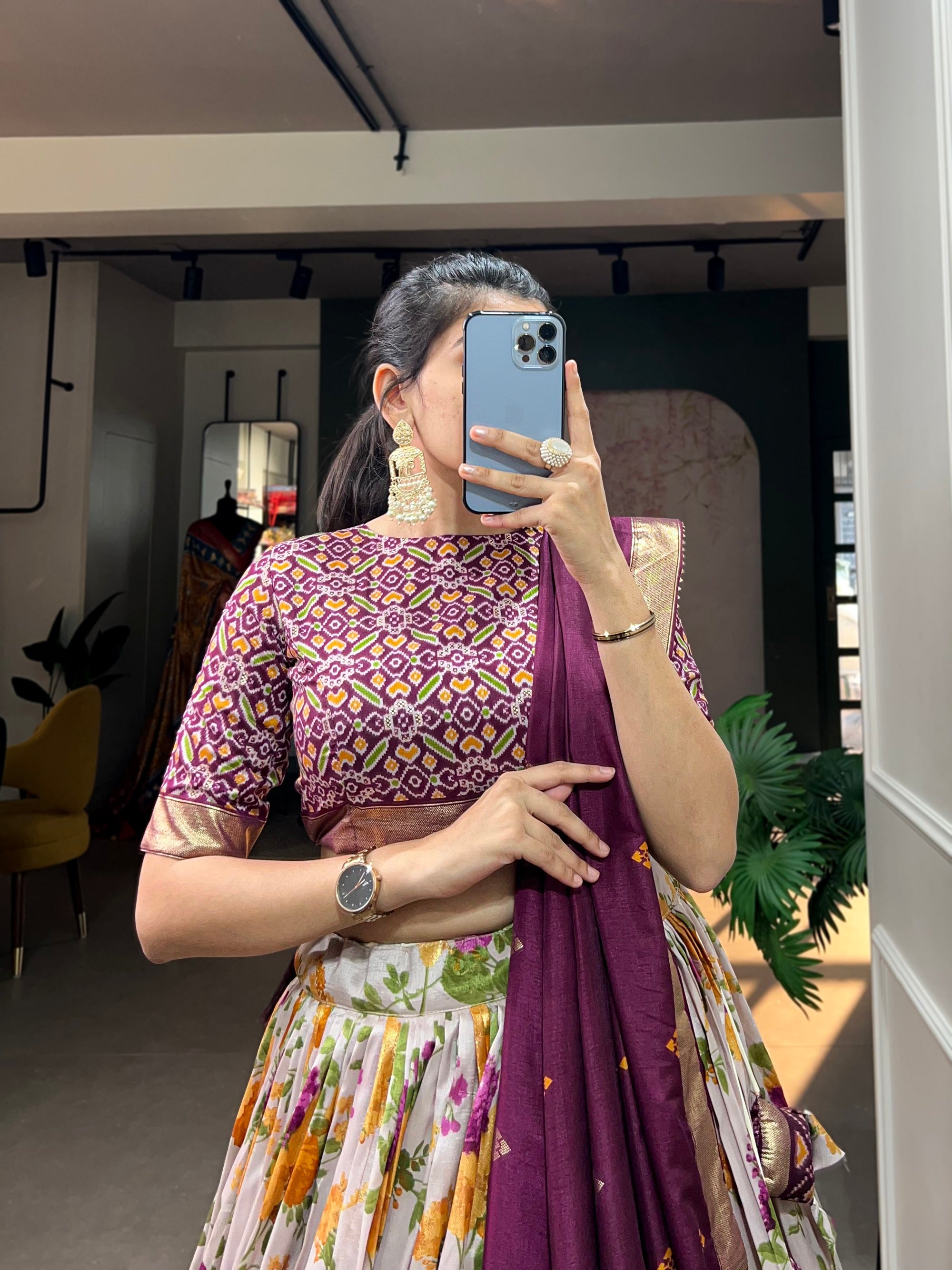 Womens Wine Dola Silk With Foil Print Lehenga Choli Set