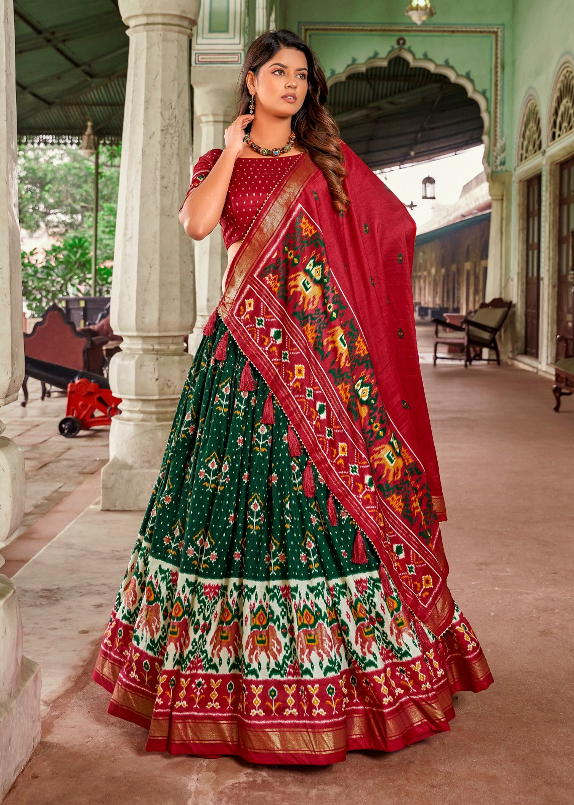 Womens Green Dola Silk With Foil Print Lehenga Choli Set