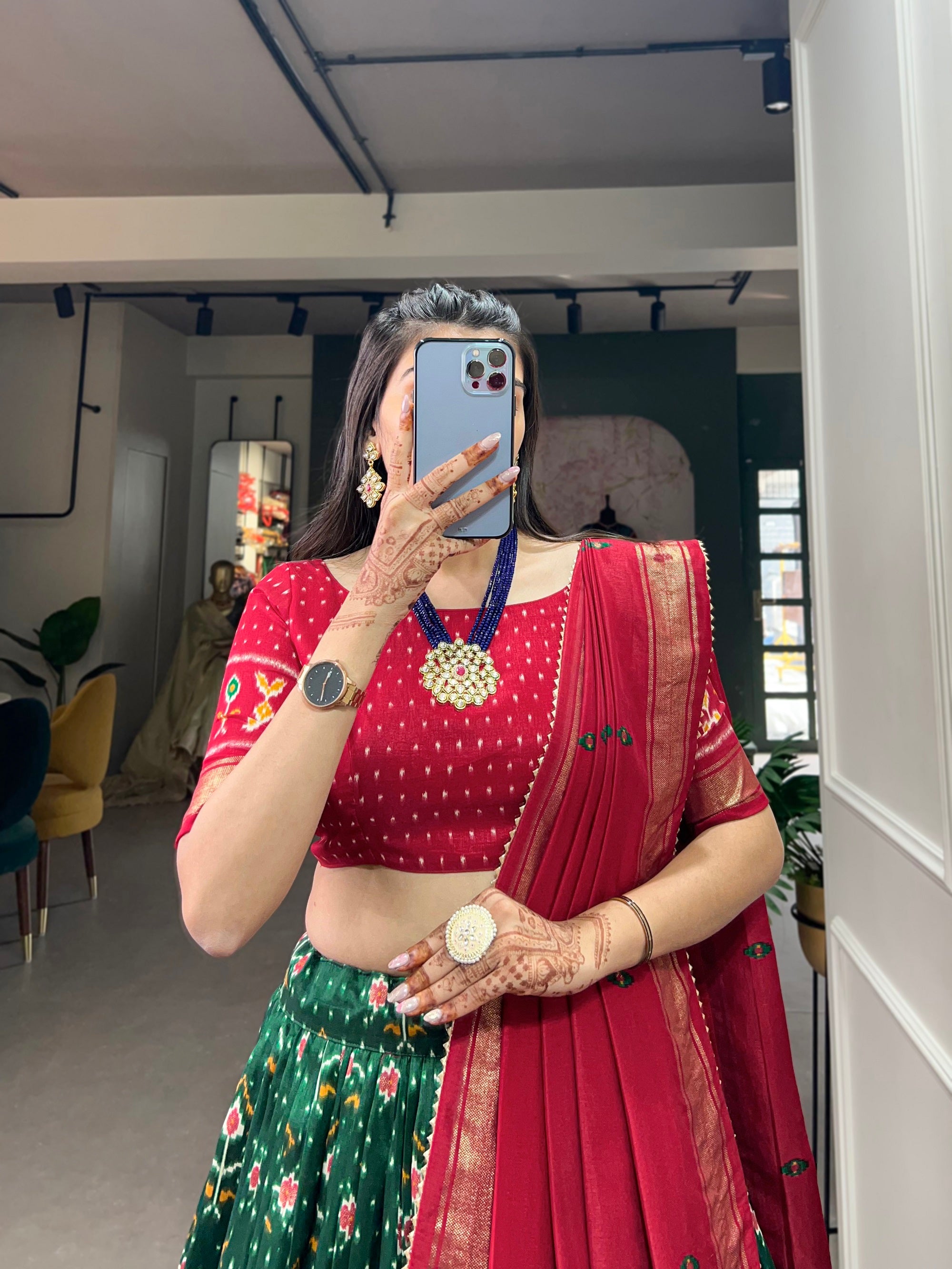 Womens Green Dola Silk With Foil Print Lehenga Choli Set