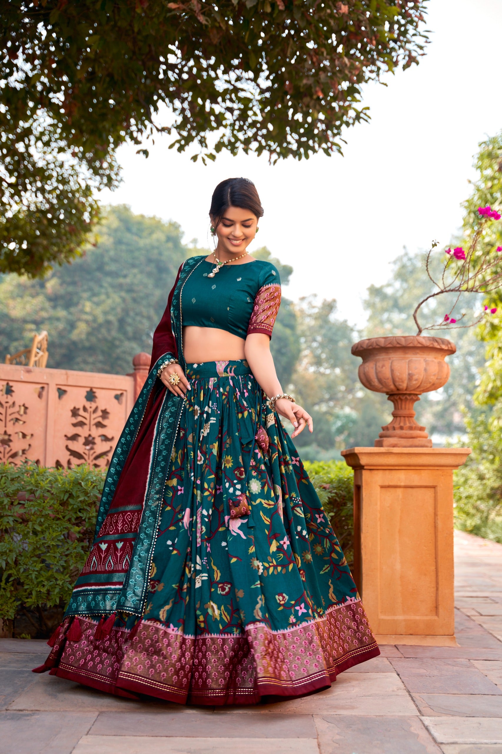 Womens Rama Dola Silk With Foil Print Lehenga Choli Set