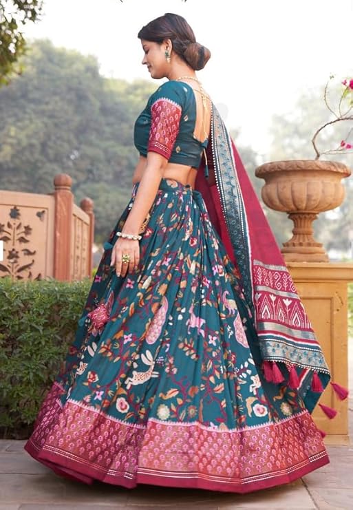 Womens Rama Dola Silk With Foil Print Lehenga Choli Set