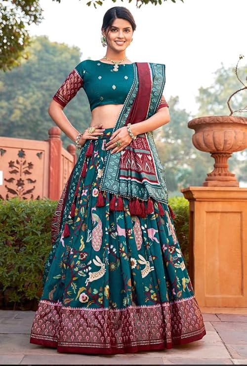 Womens Rama Dola Silk With Foil Print Lehenga Choli Set