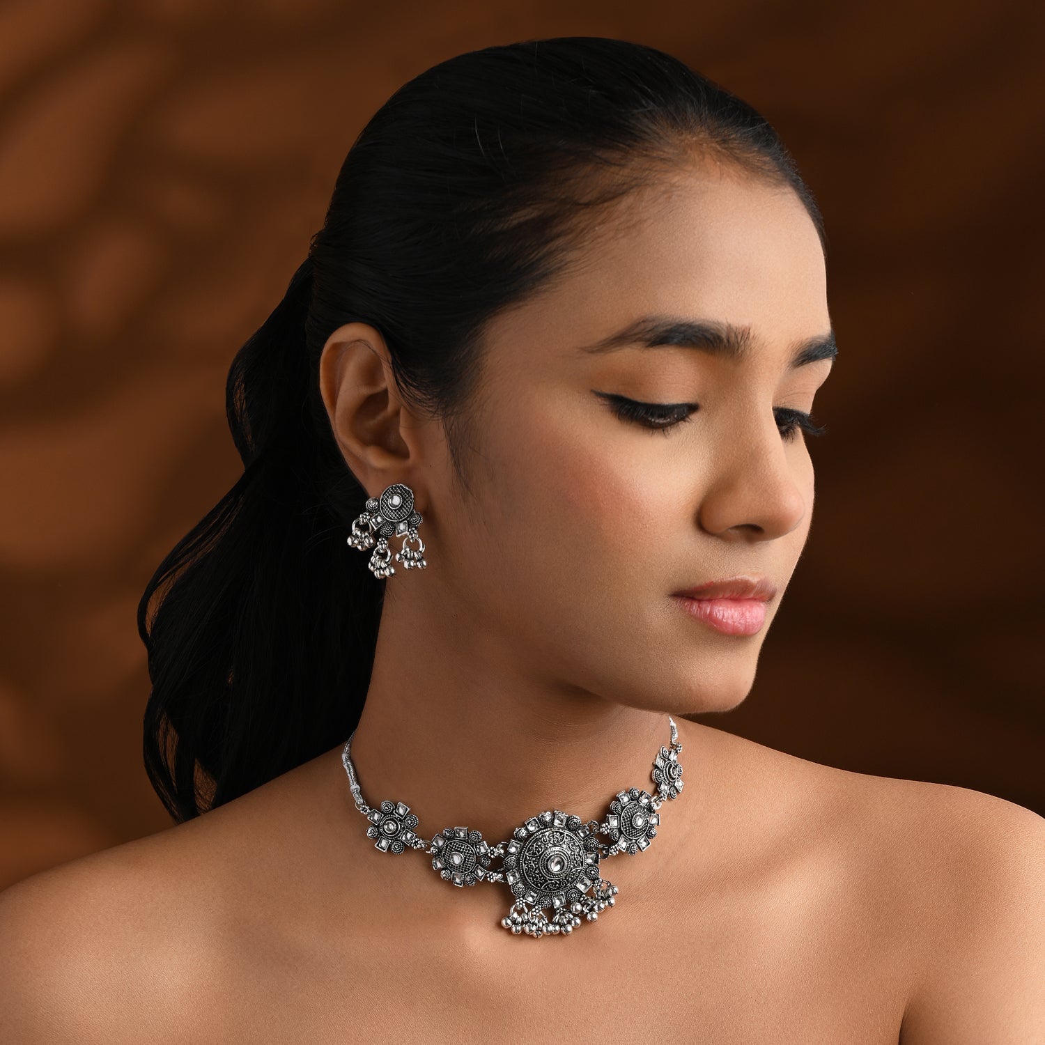 Oxidised Silver Plated Floral Pattern Traditional Necklace Set for Women