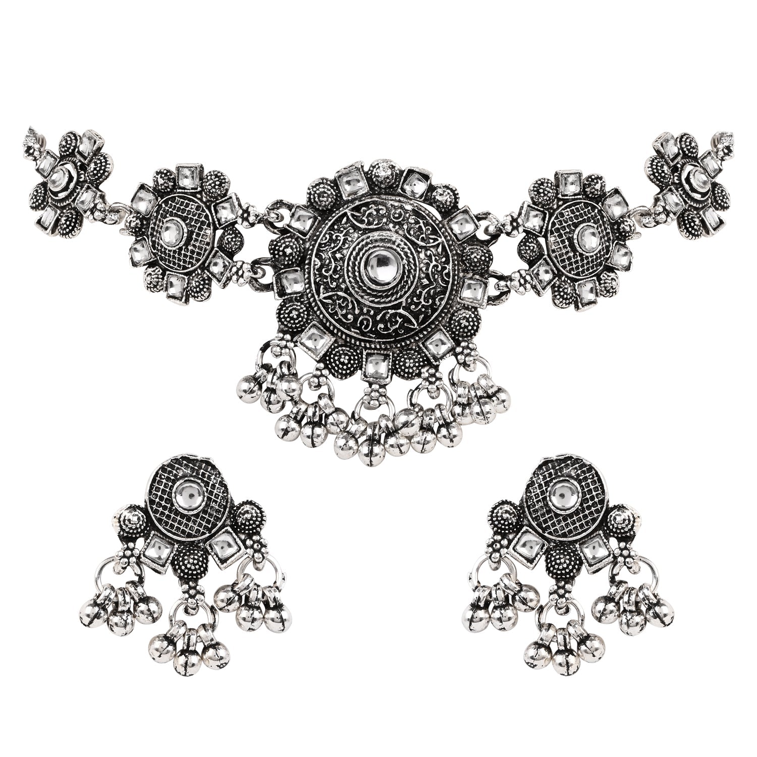 Oxidised Silver Plated Floral Pattern Traditional Necklace Set for Women