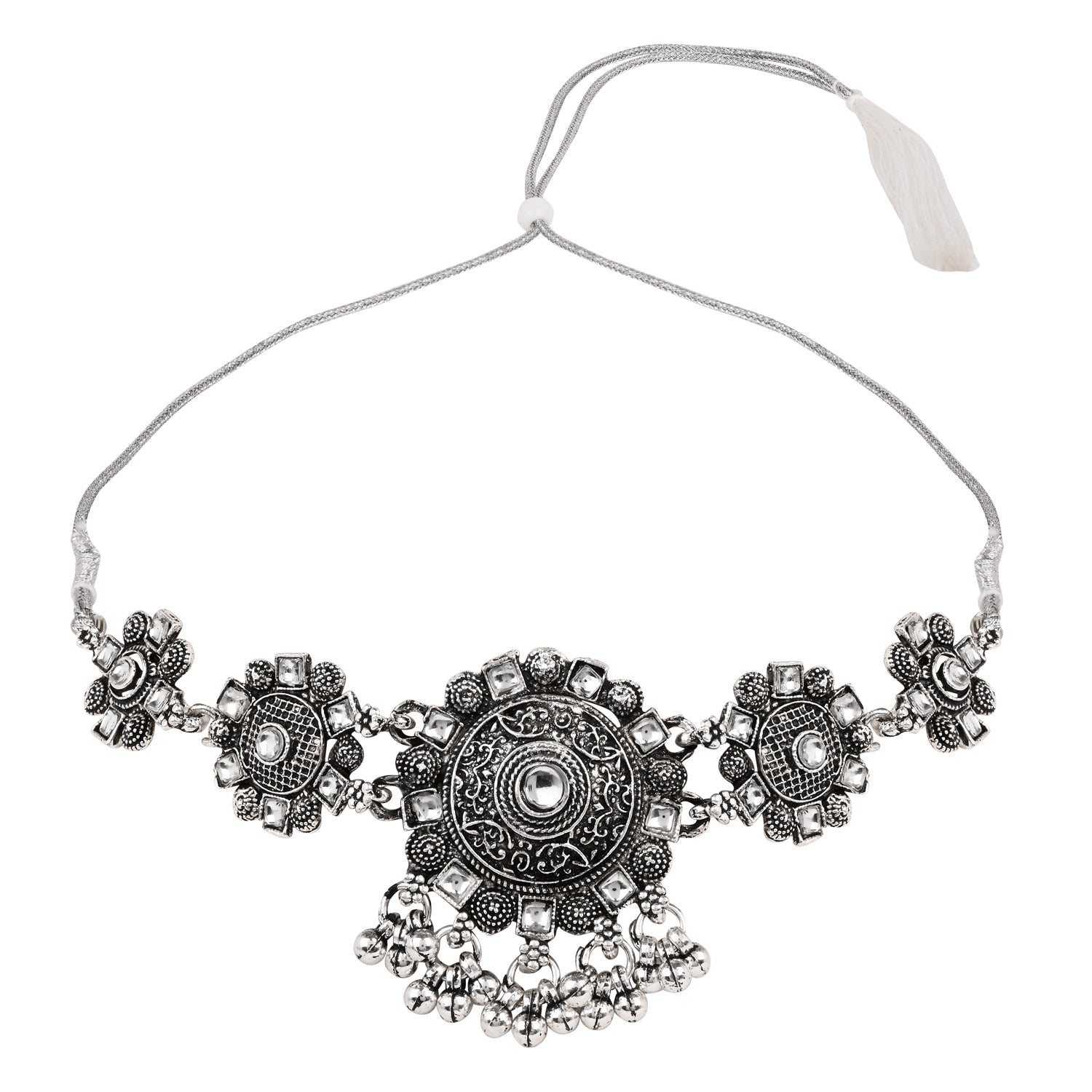 Oxidised Silver Plated Floral Pattern Traditional Necklace Set for Women