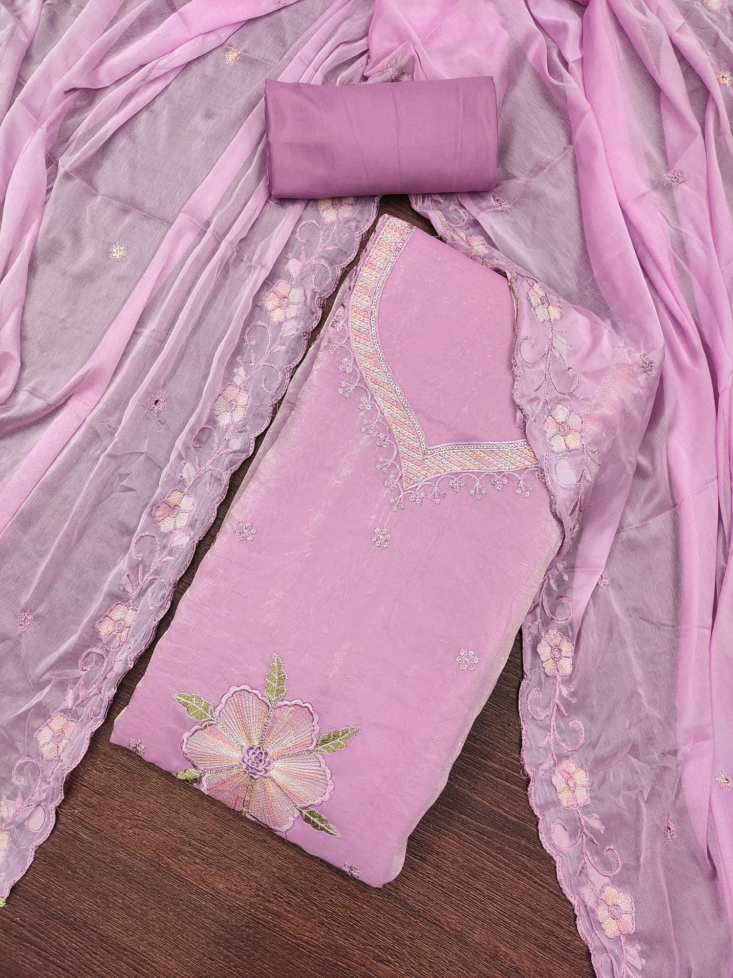 Women Boutique Collection Handwork Viscose Fendy Satin Semi Stitched Suit with Bottom and Dupatta