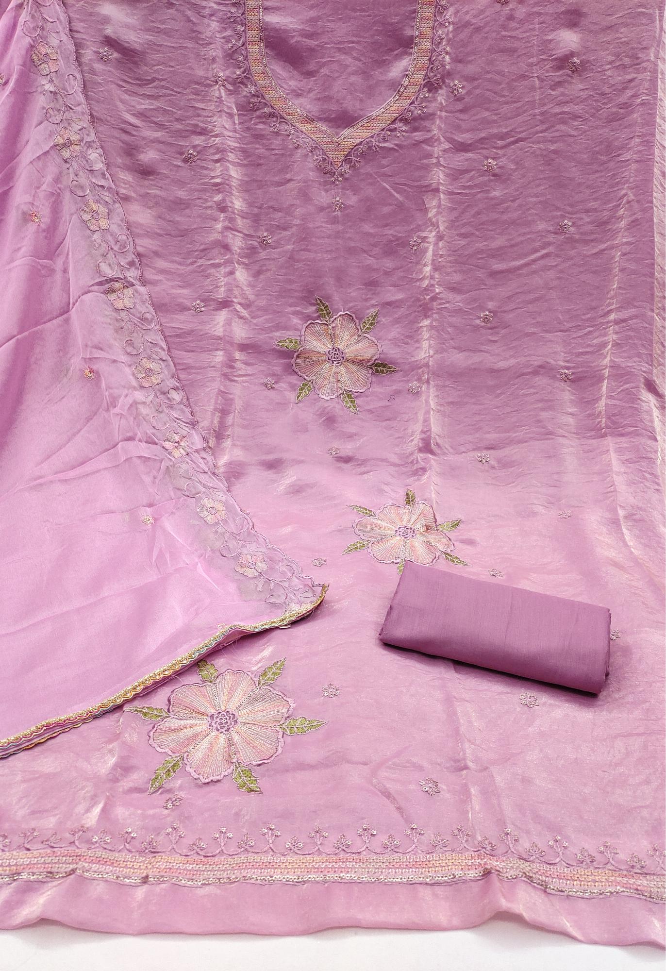 Women Boutique Collection Handwork Viscose Fendy Satin Semi Stitched Suit with Bottom and Dupatta