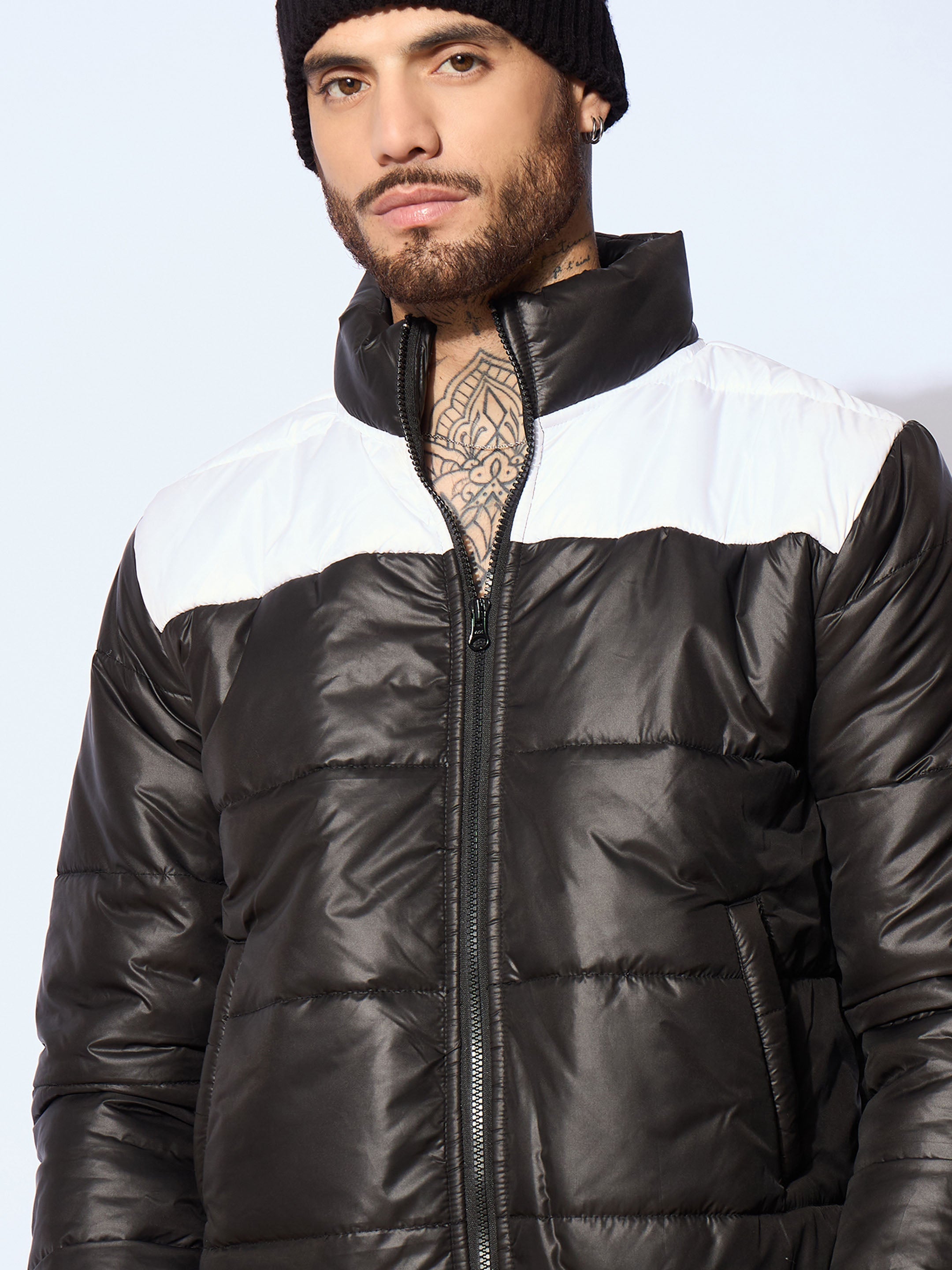 Men Black & White Puffer ColorBlock Jacket