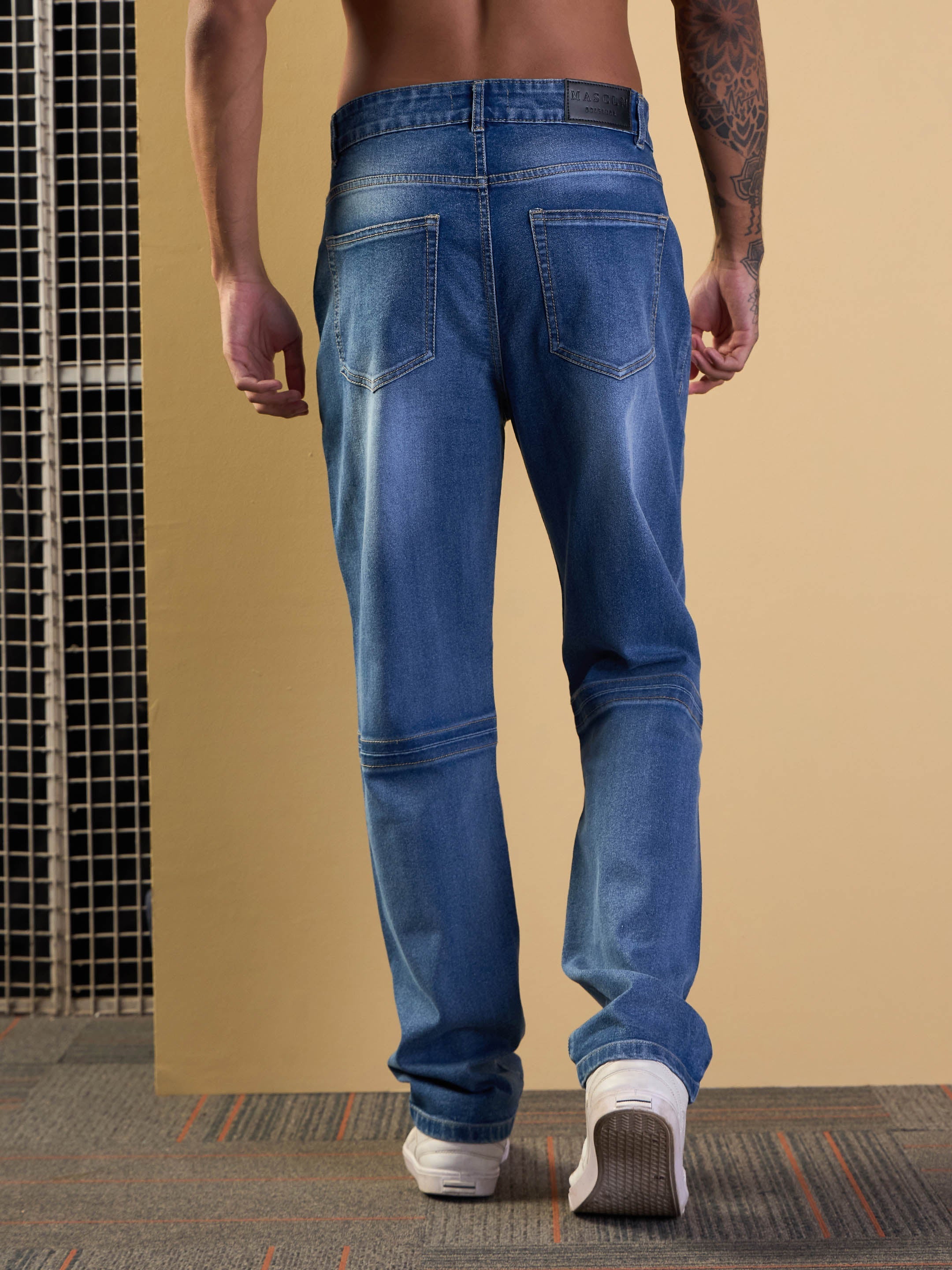 Men Blue Knee Slit Open Relax Fit Jeans