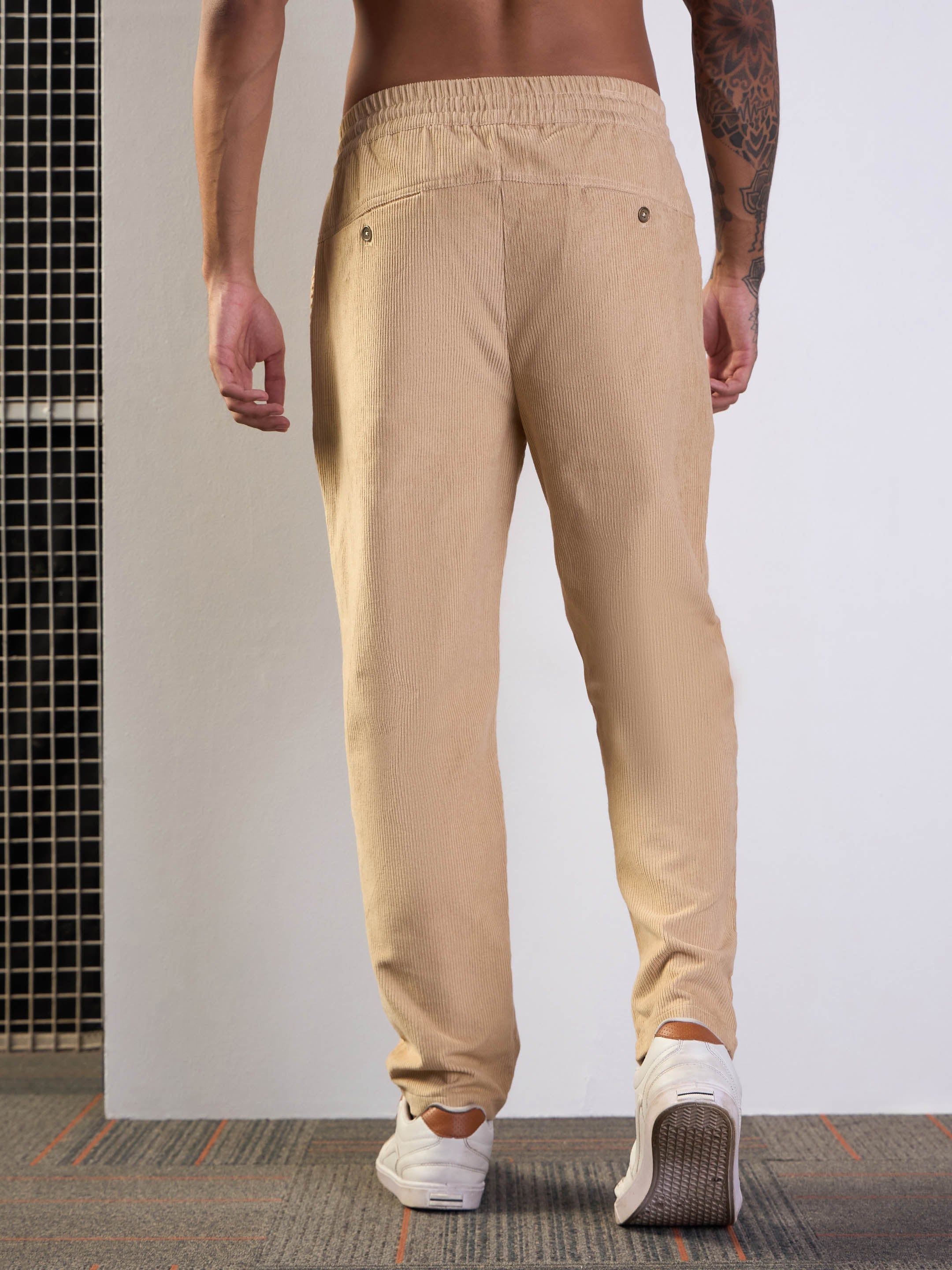 Men Beige Corduroy Elasticated Pants