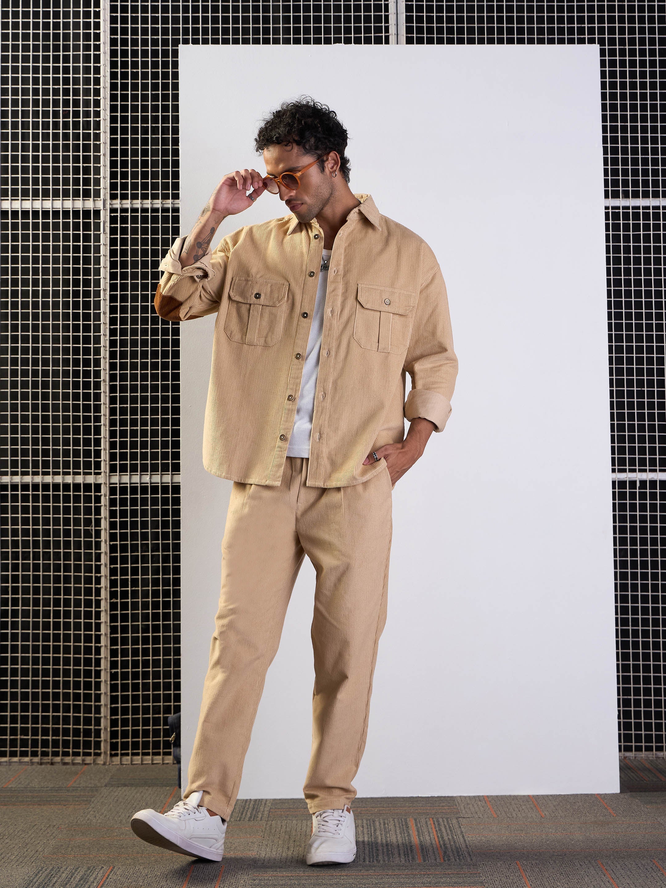 Men Beige Corduroy Elasticated Pants