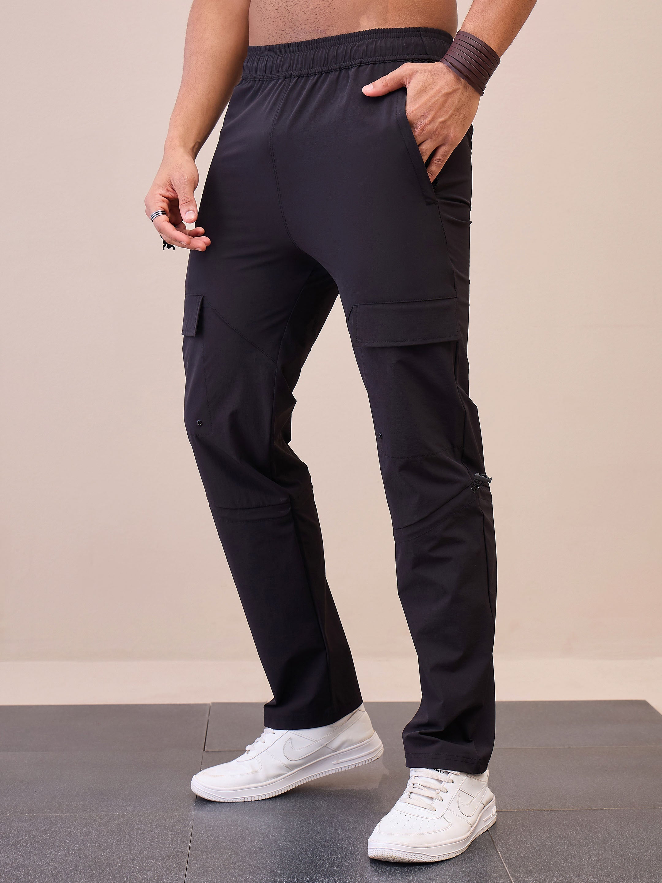 Men Unisex Black Front Pocket Parachute Pants