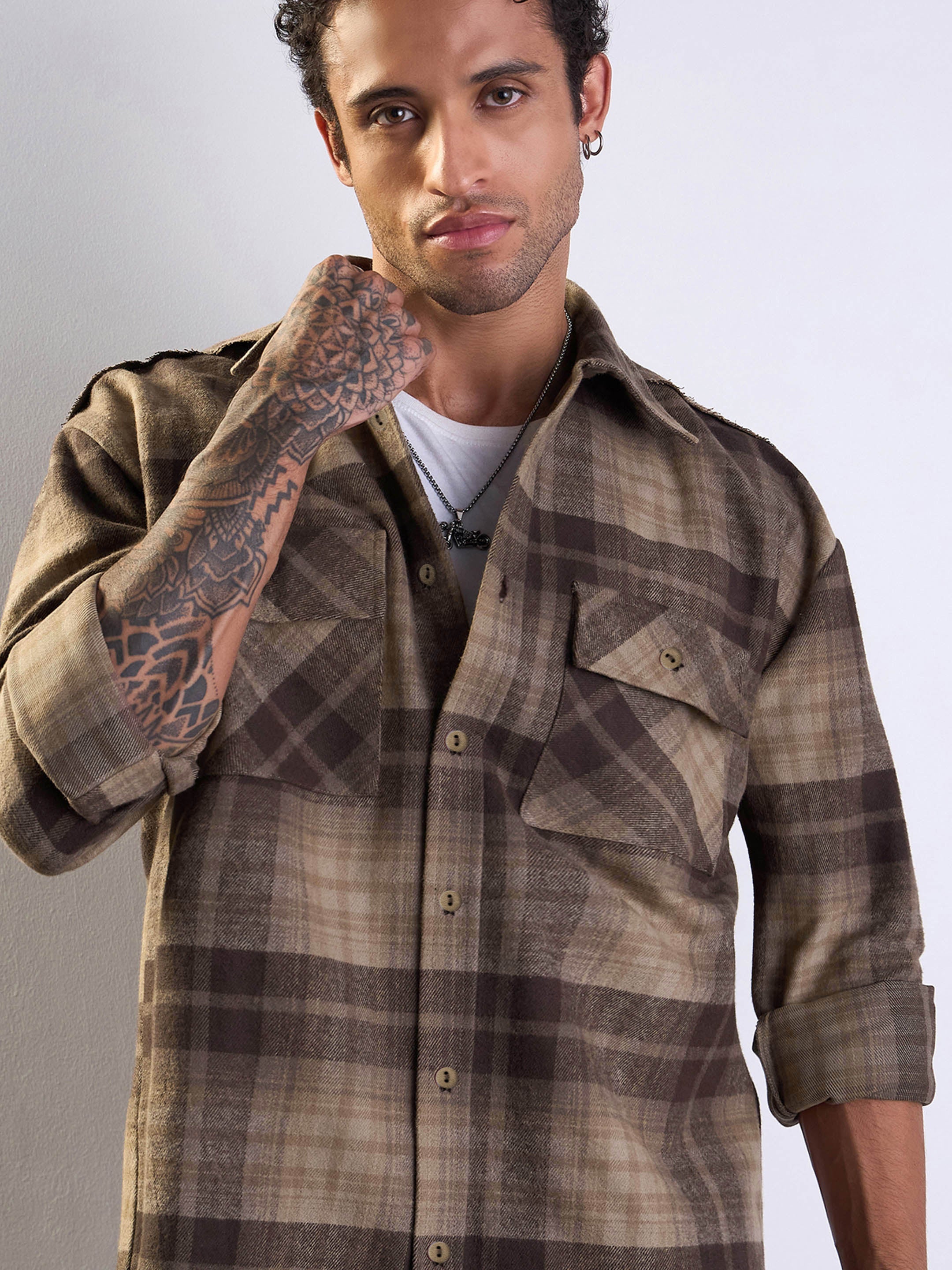 Men Beige & Brown Check Raw Edge Hem Oversize Shirt