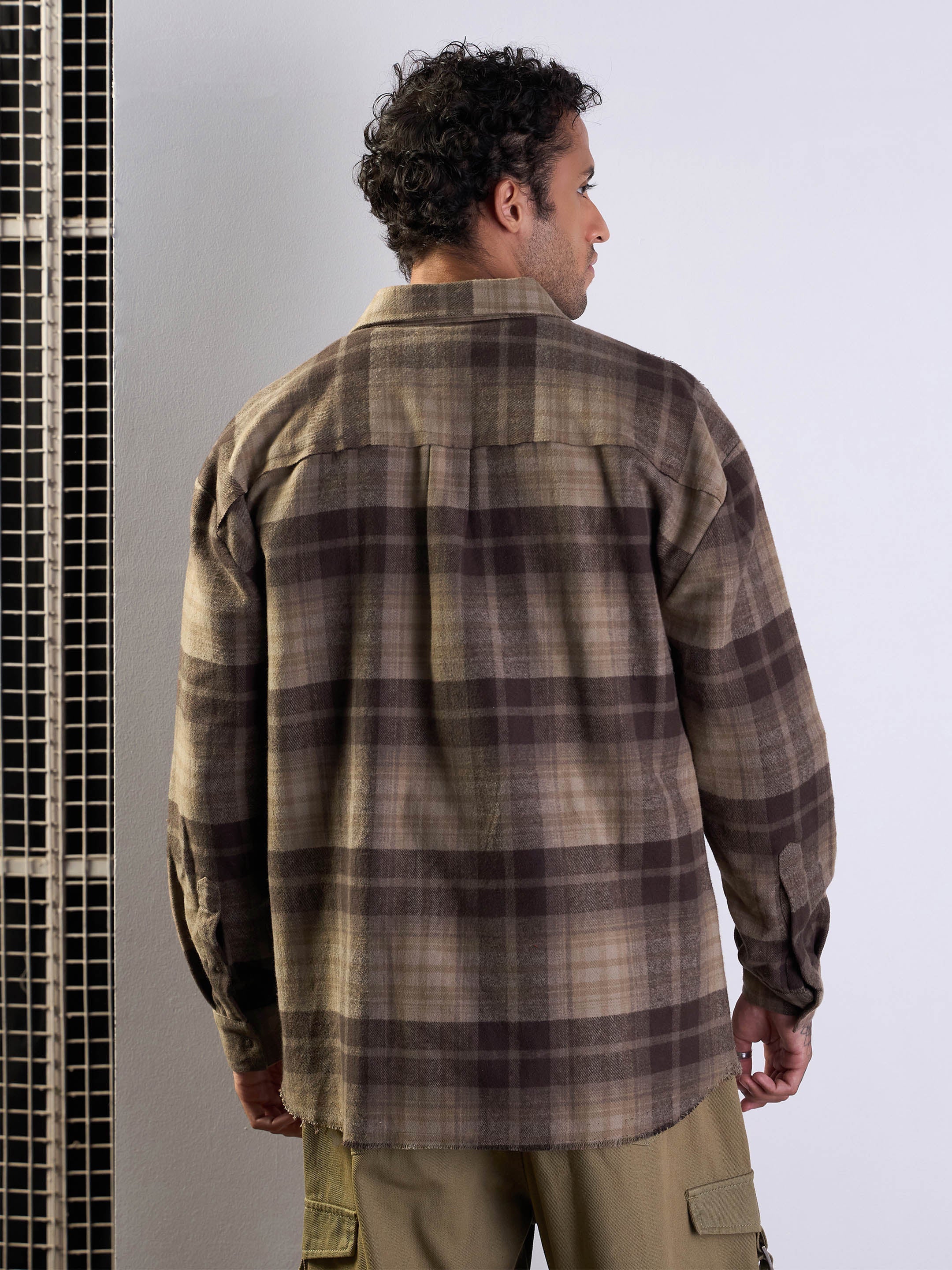 Men Beige & Brown Check Raw Edge Hem Oversize Shirt