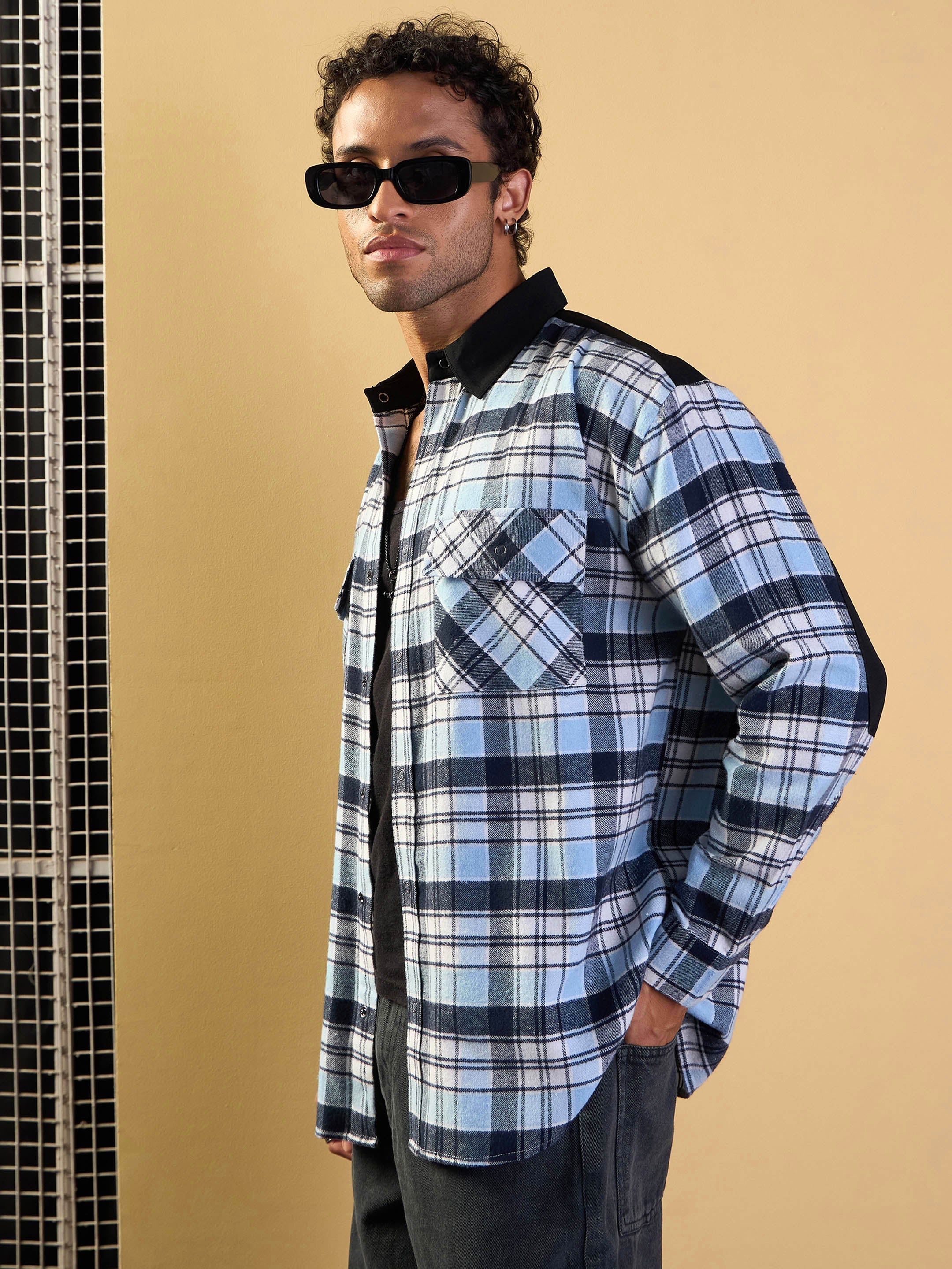 Men Blue & Navy Elbow Patch Oversize Check Shirt