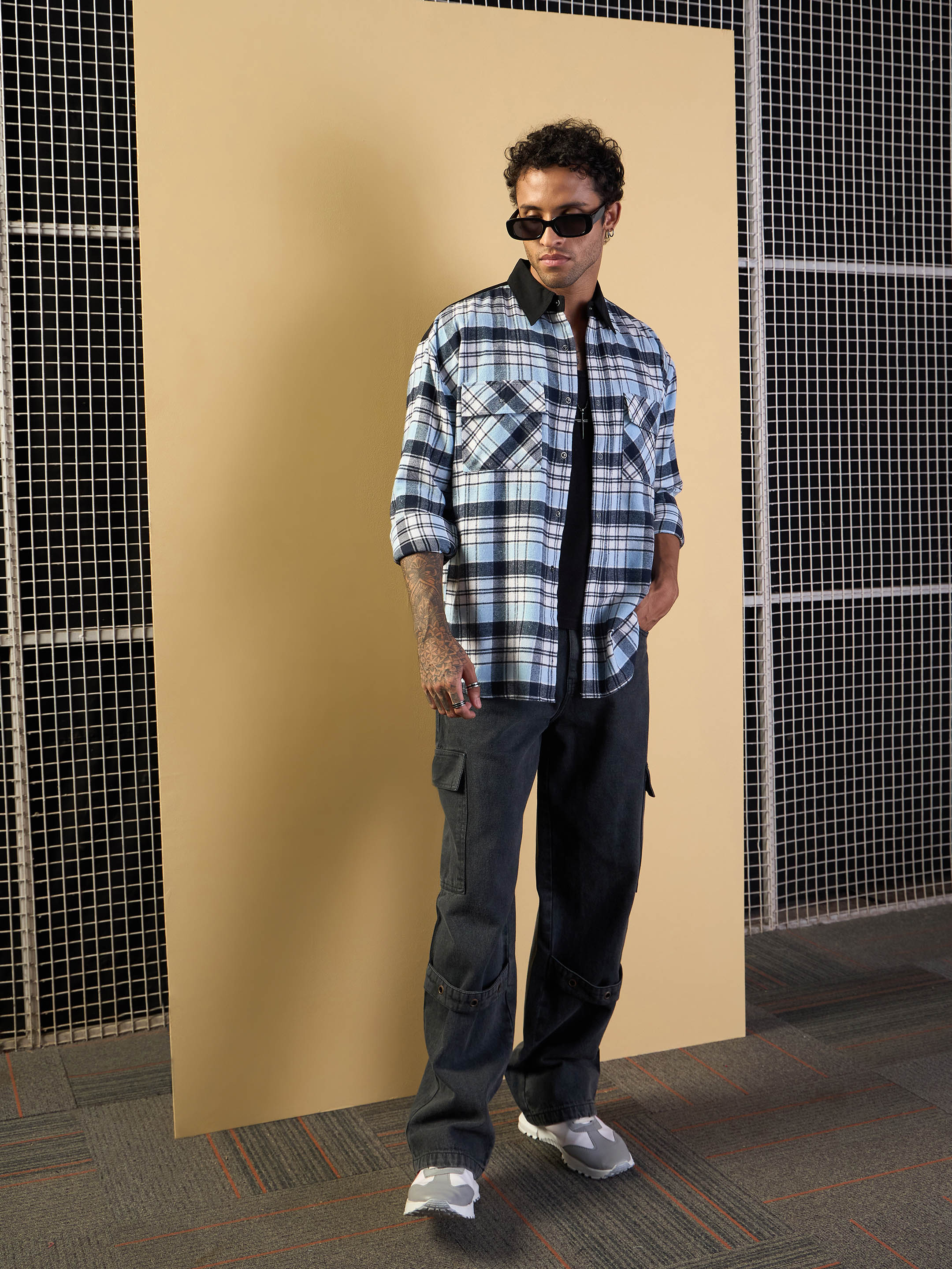 Men Blue & Navy Elbow Patch Oversize Check Shirt