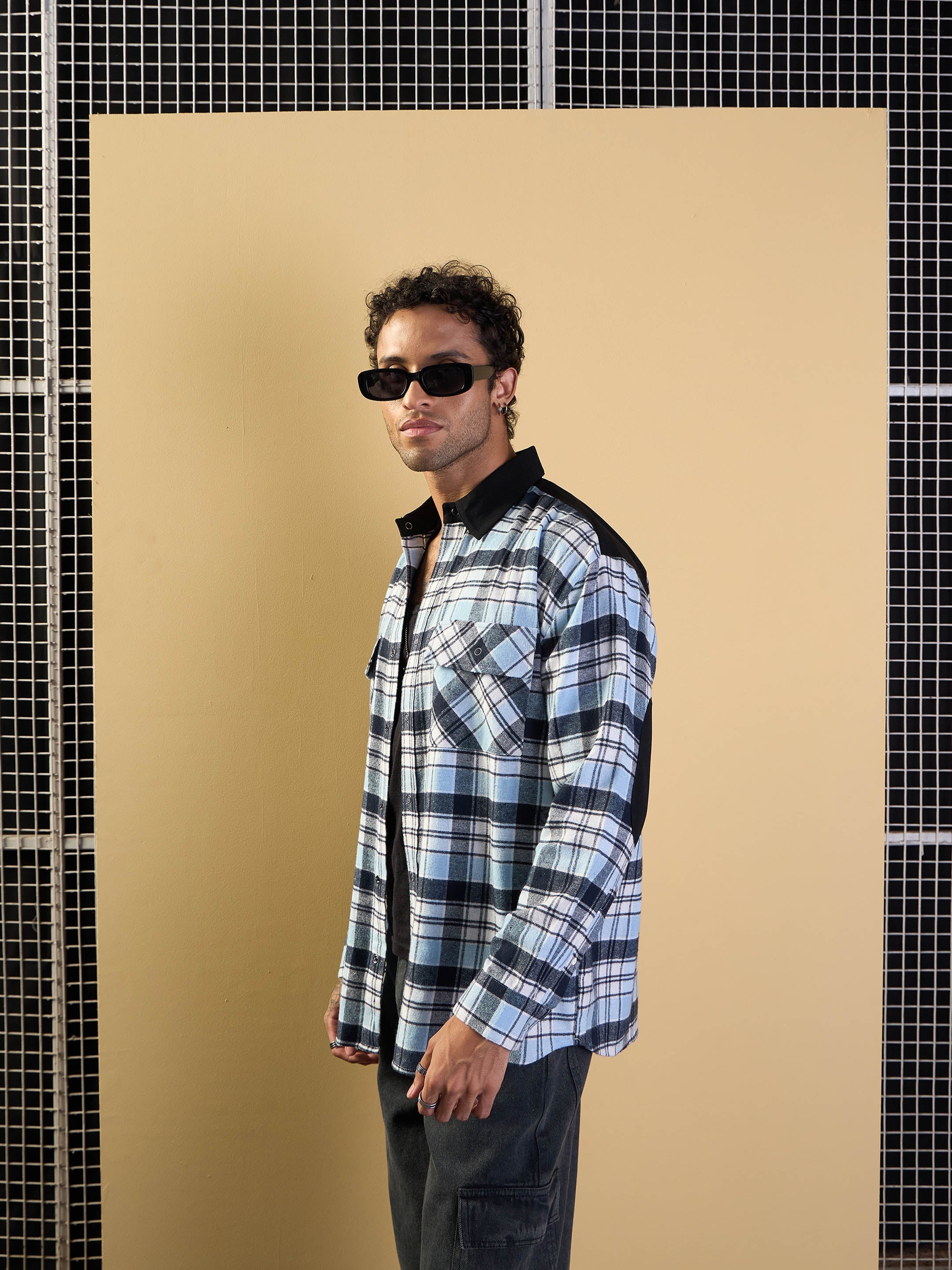 Men Blue & Navy Elbow Patch Oversize Check Shirt