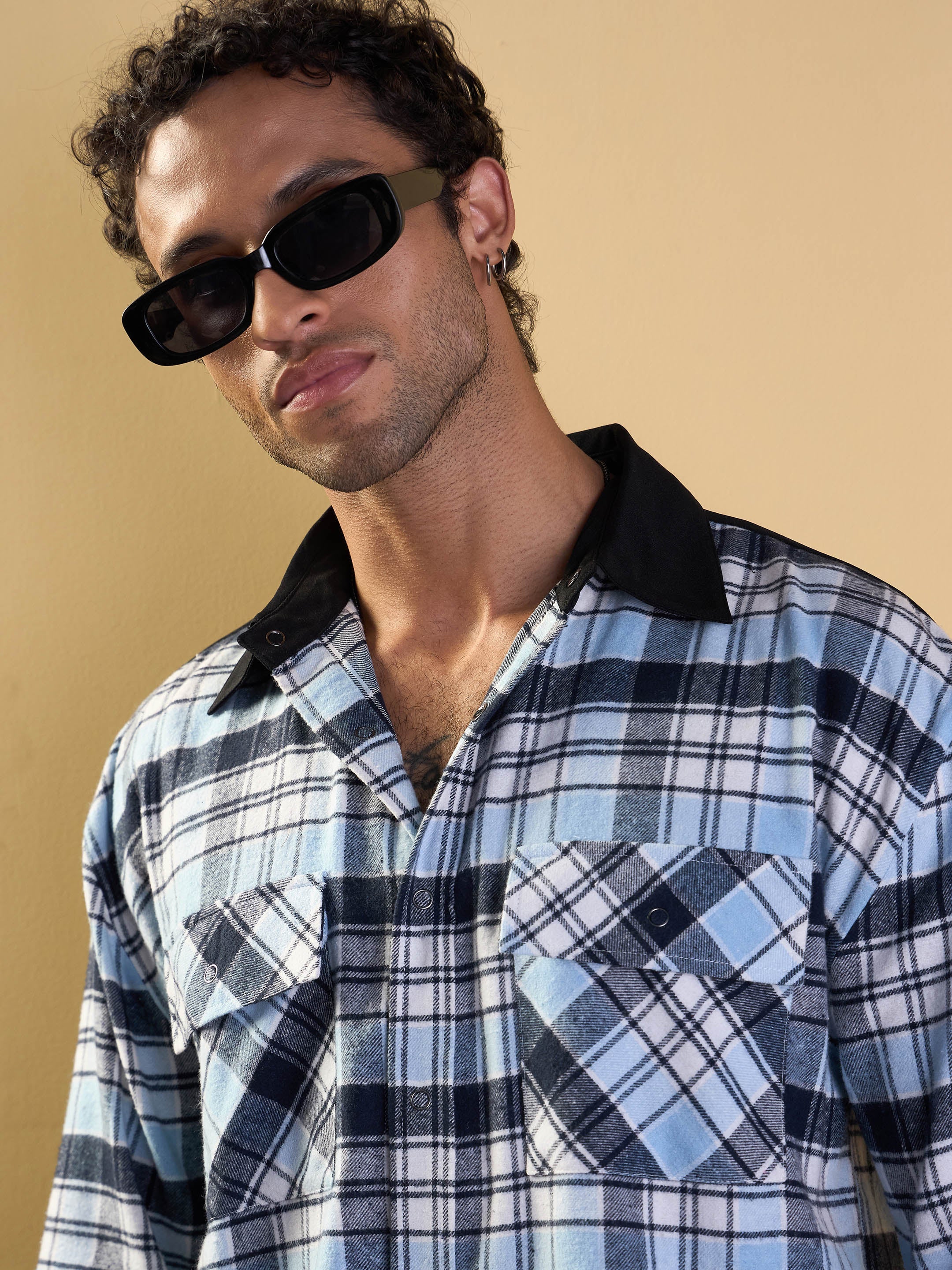 Men Blue & Navy Elbow Patch Oversize Check Shirt