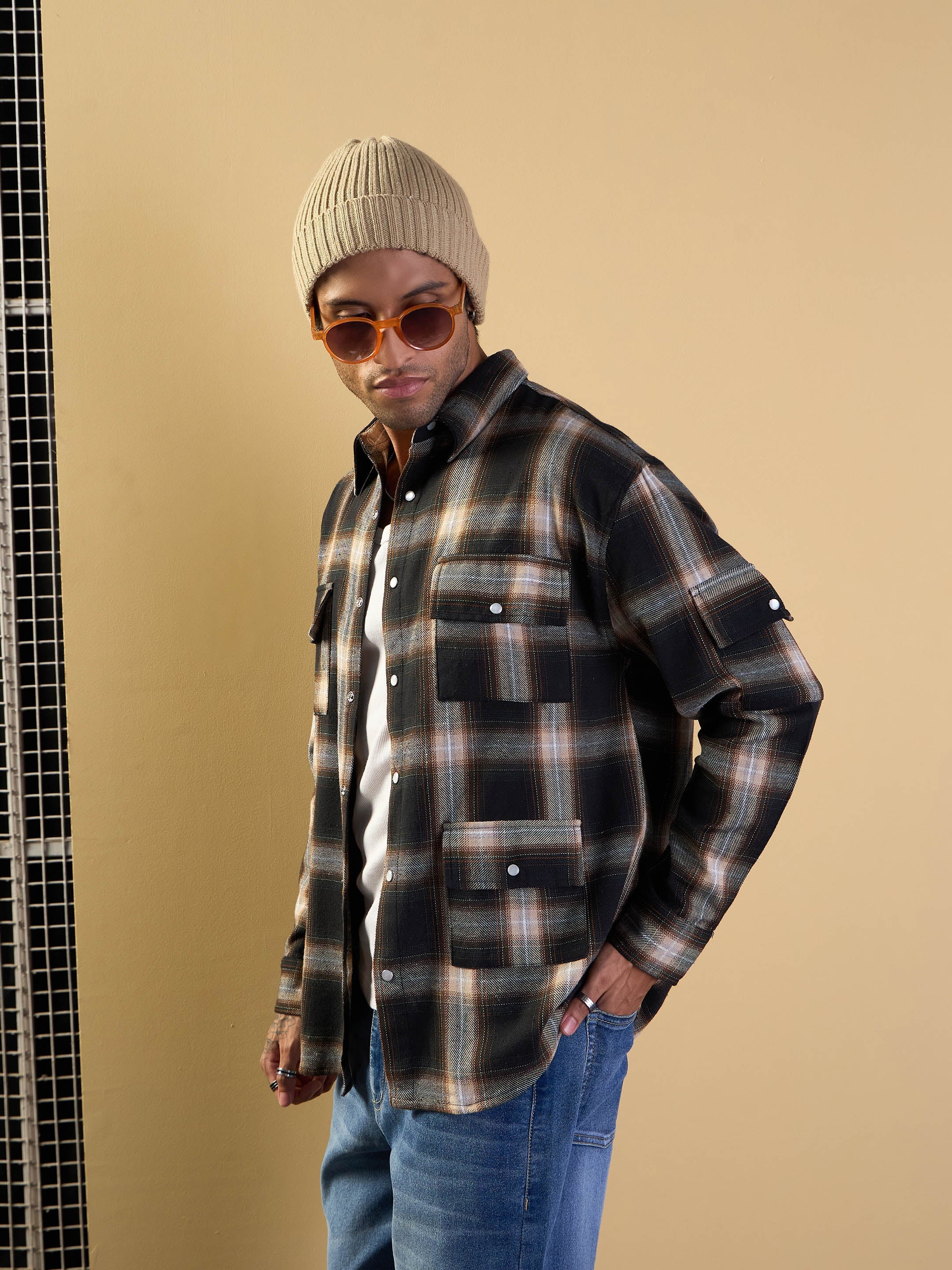 Men Black & Beige Check Utility Pocket Oversize Shirt