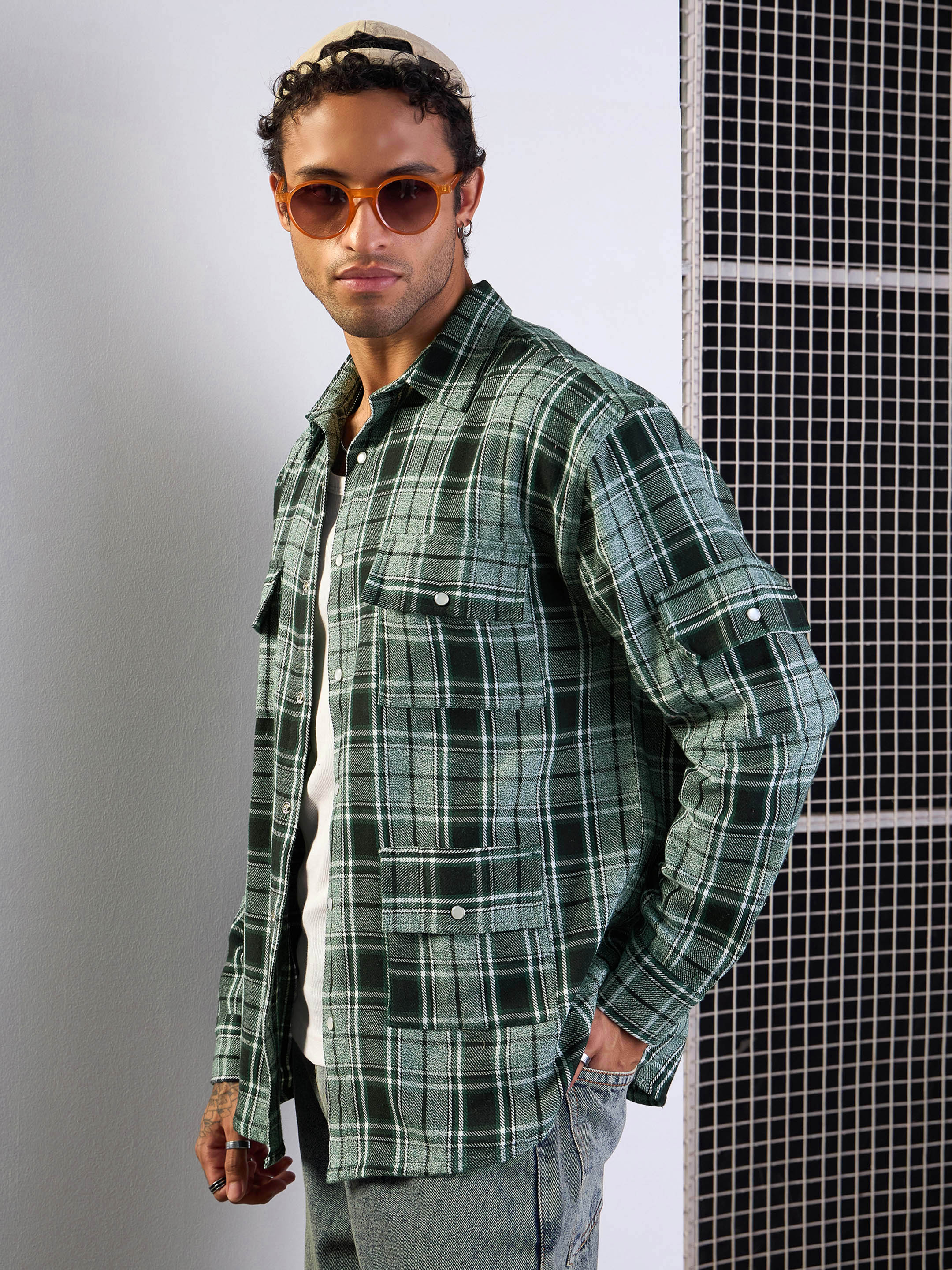 Men Green Check Utility Pocket Oversize Shirt