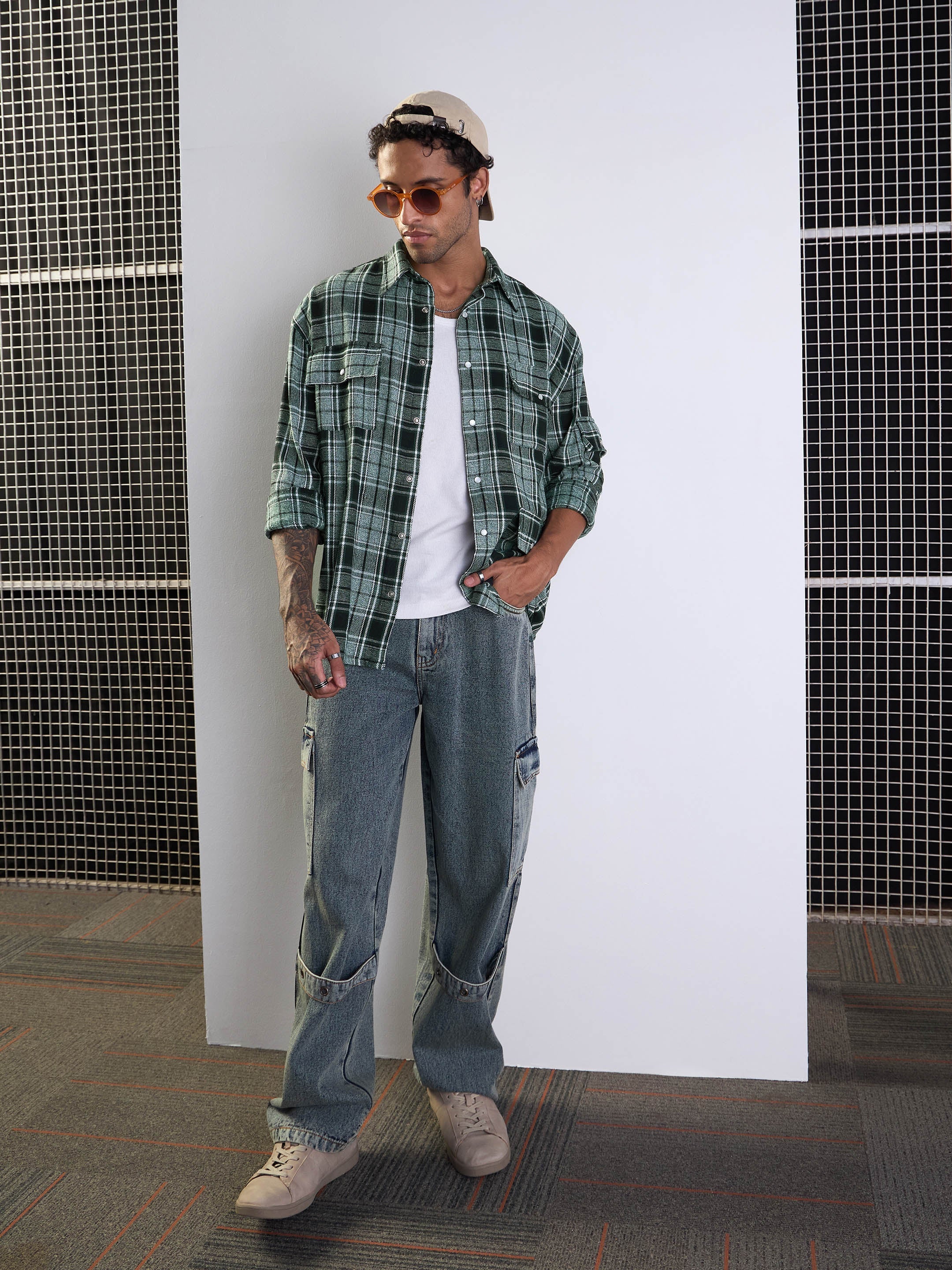 Men Green Check Utility Pocket Oversize Shirt