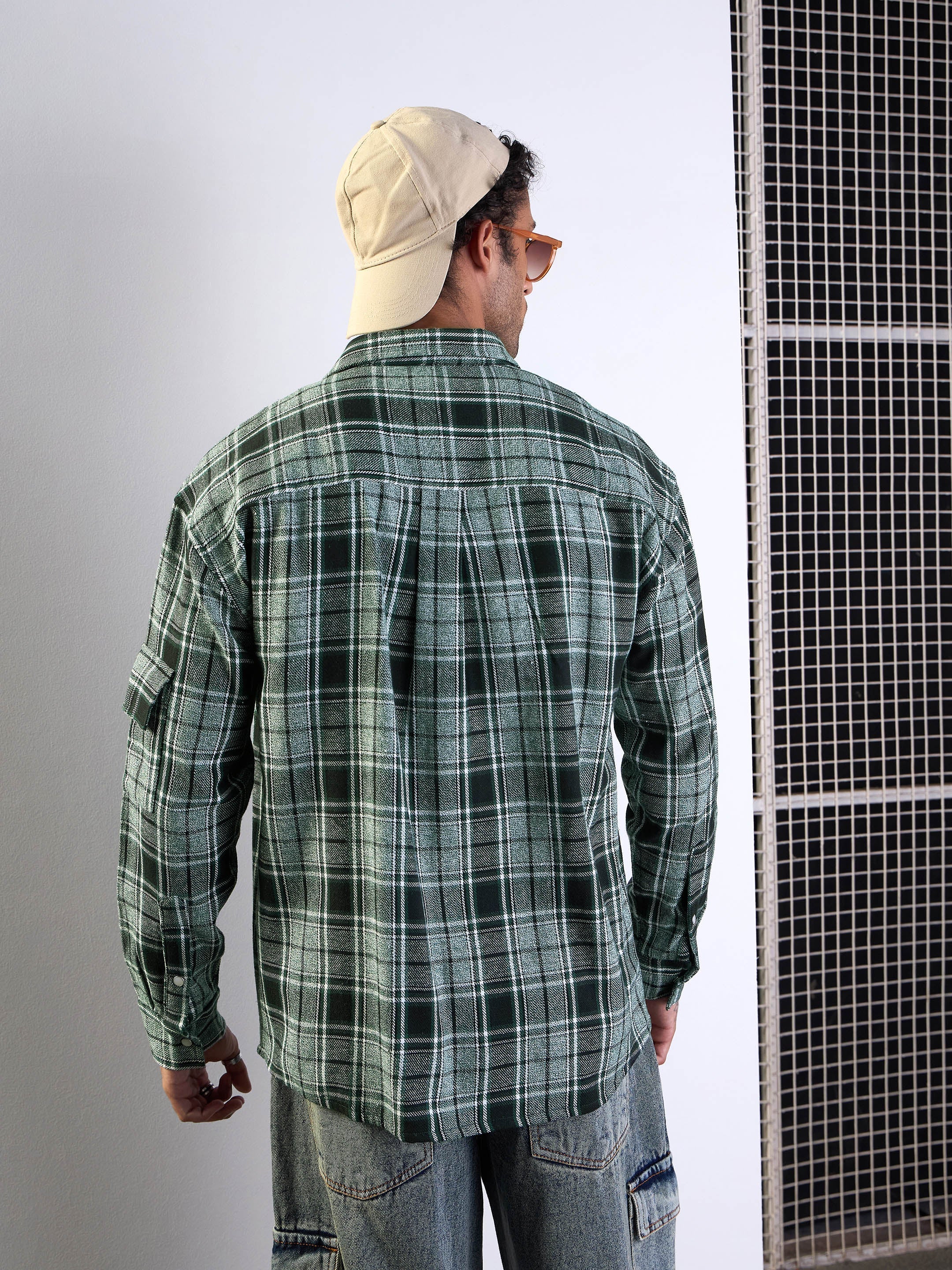 Men Green Check Utility Pocket Oversize Shirt