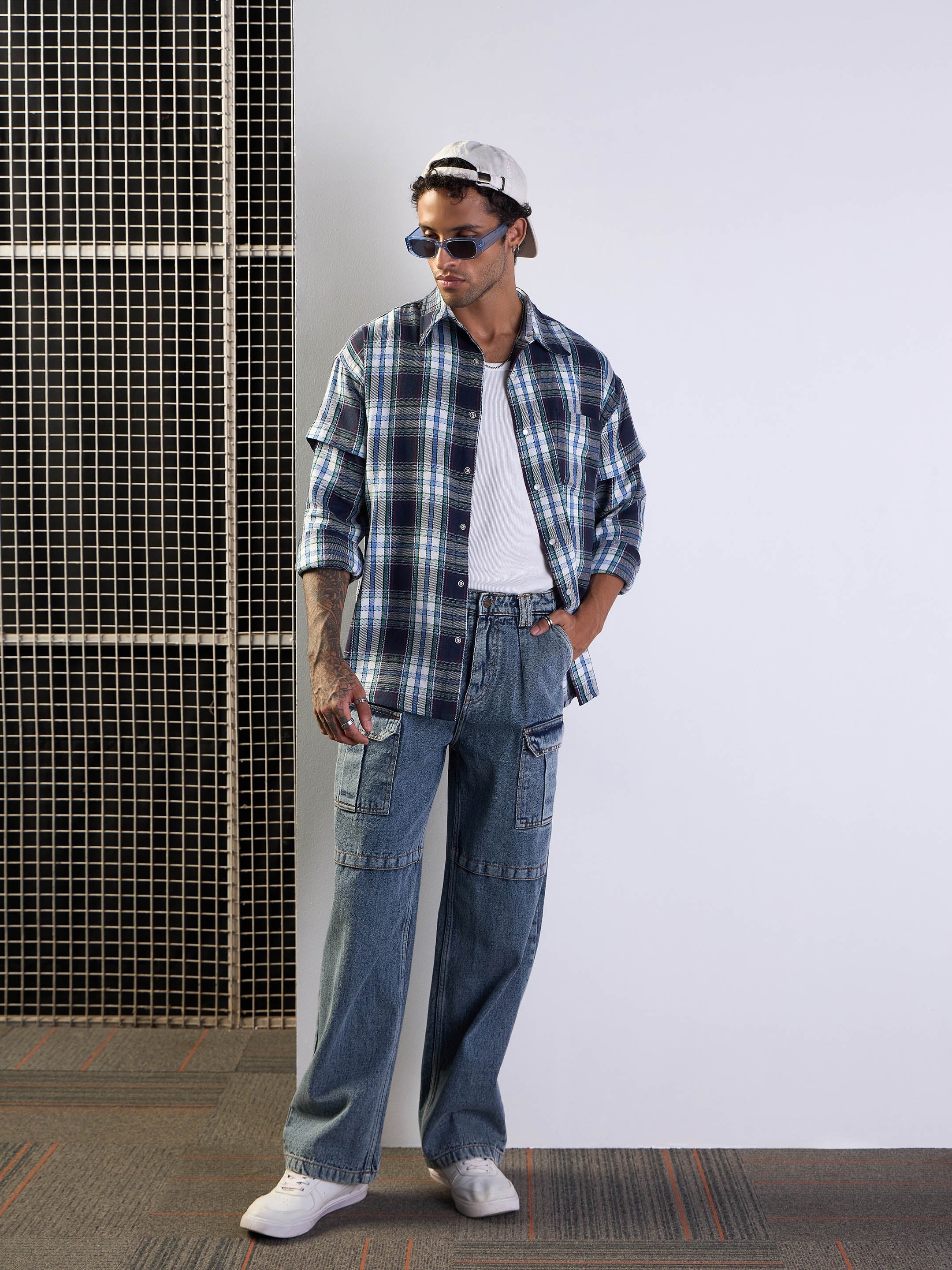 Men Blue & White Check Overlap Sleeves Oversize Shirt