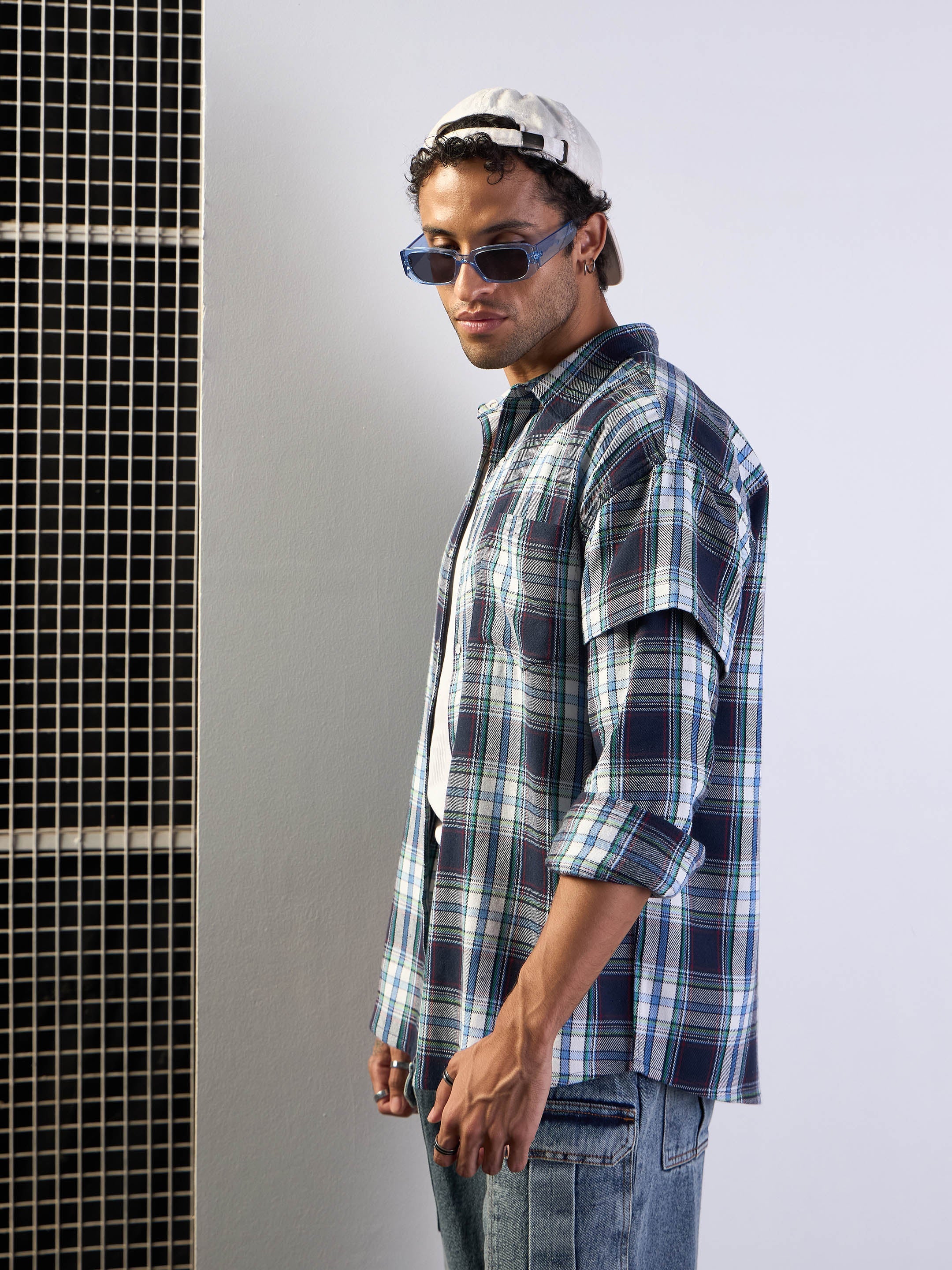 Men Blue & White Check Overlap Sleeves Oversize Shirt