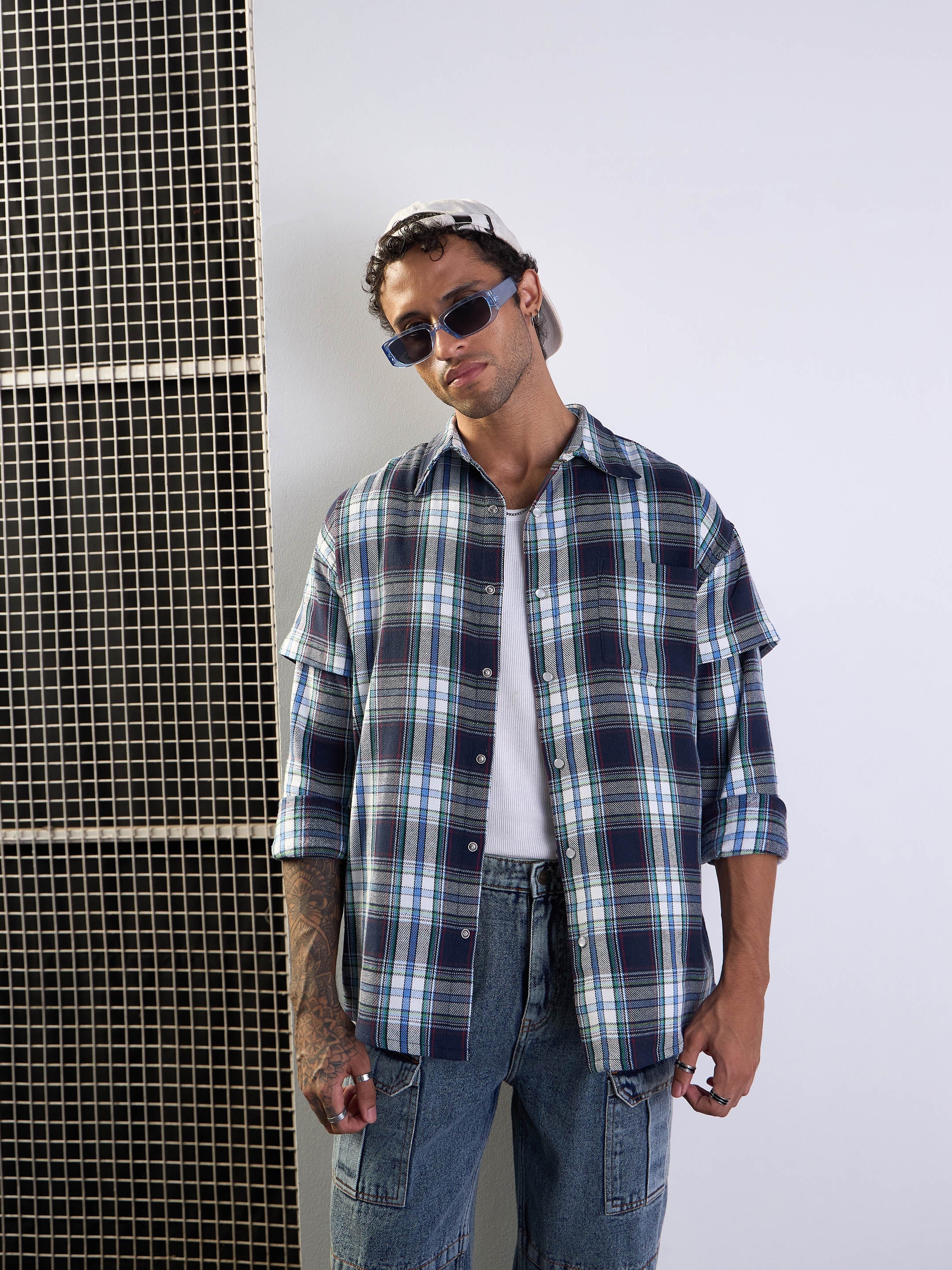 Men Blue & White Check Overlap Sleeves Oversize Shirt