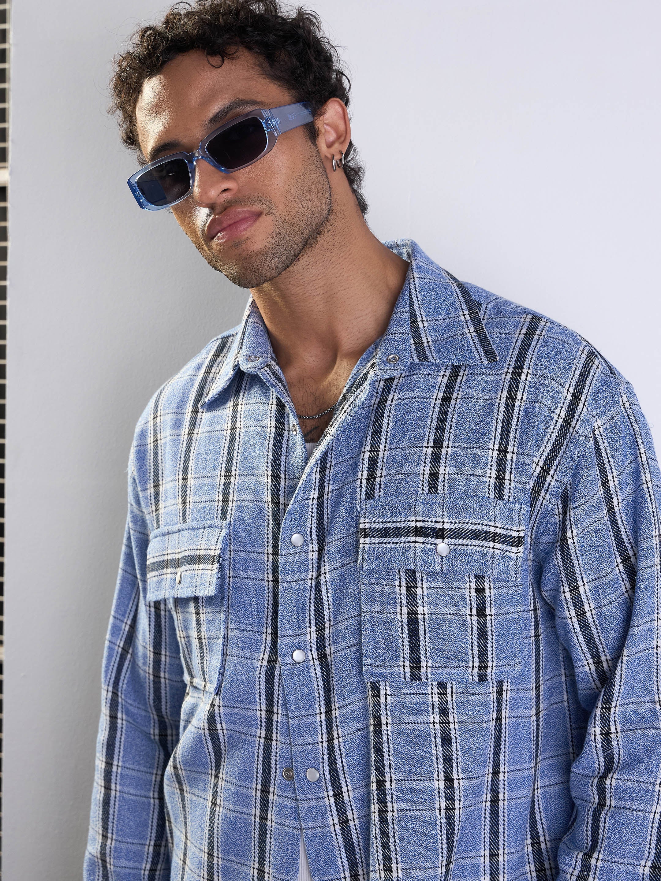 Men Blue & White Check Flap Pocket Oversize Shirt