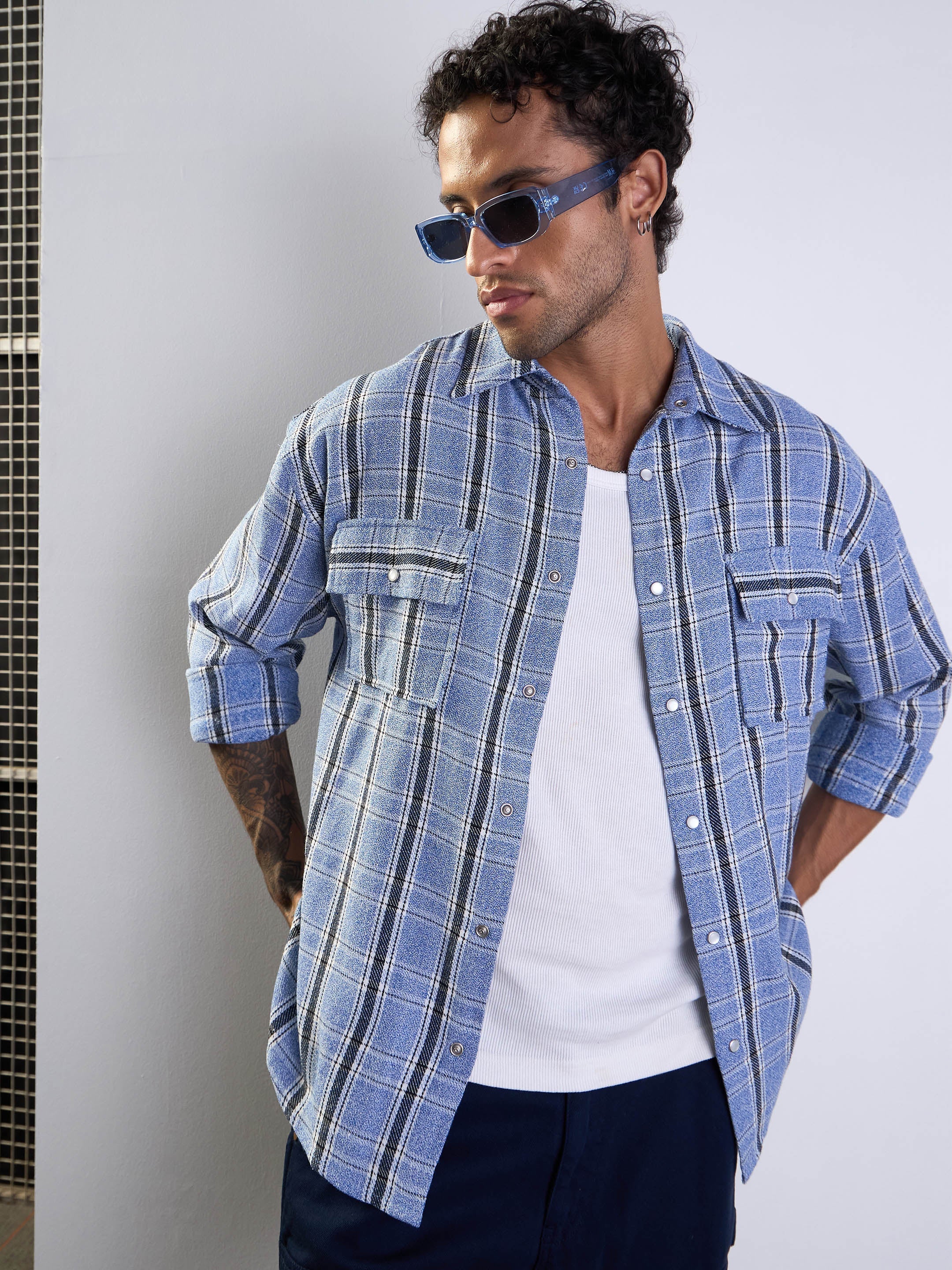 Men Blue & White Check Flap Pocket Oversize Shirt