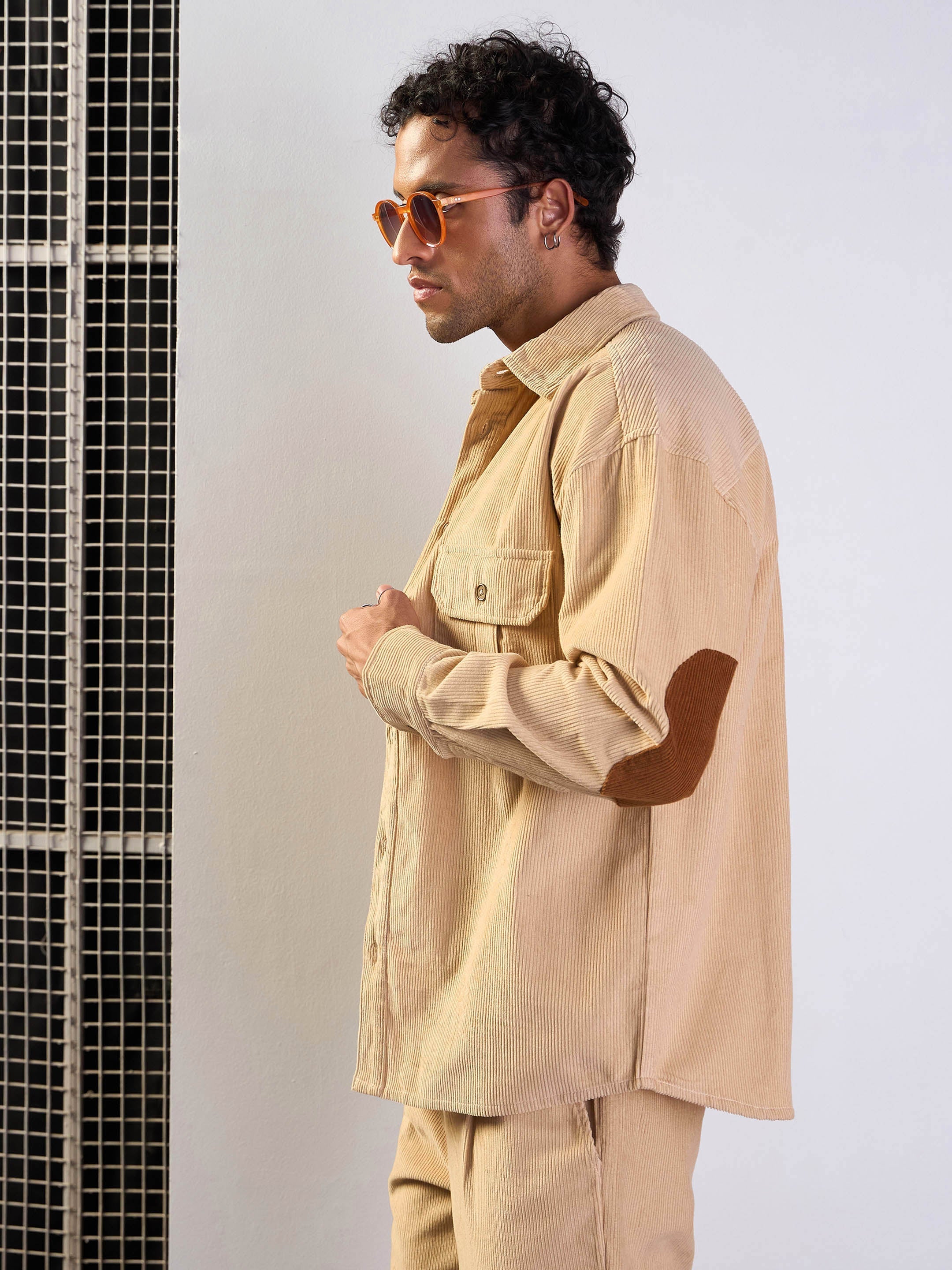 Men Beige Corduroy Elbow Patch Oversize Shirt