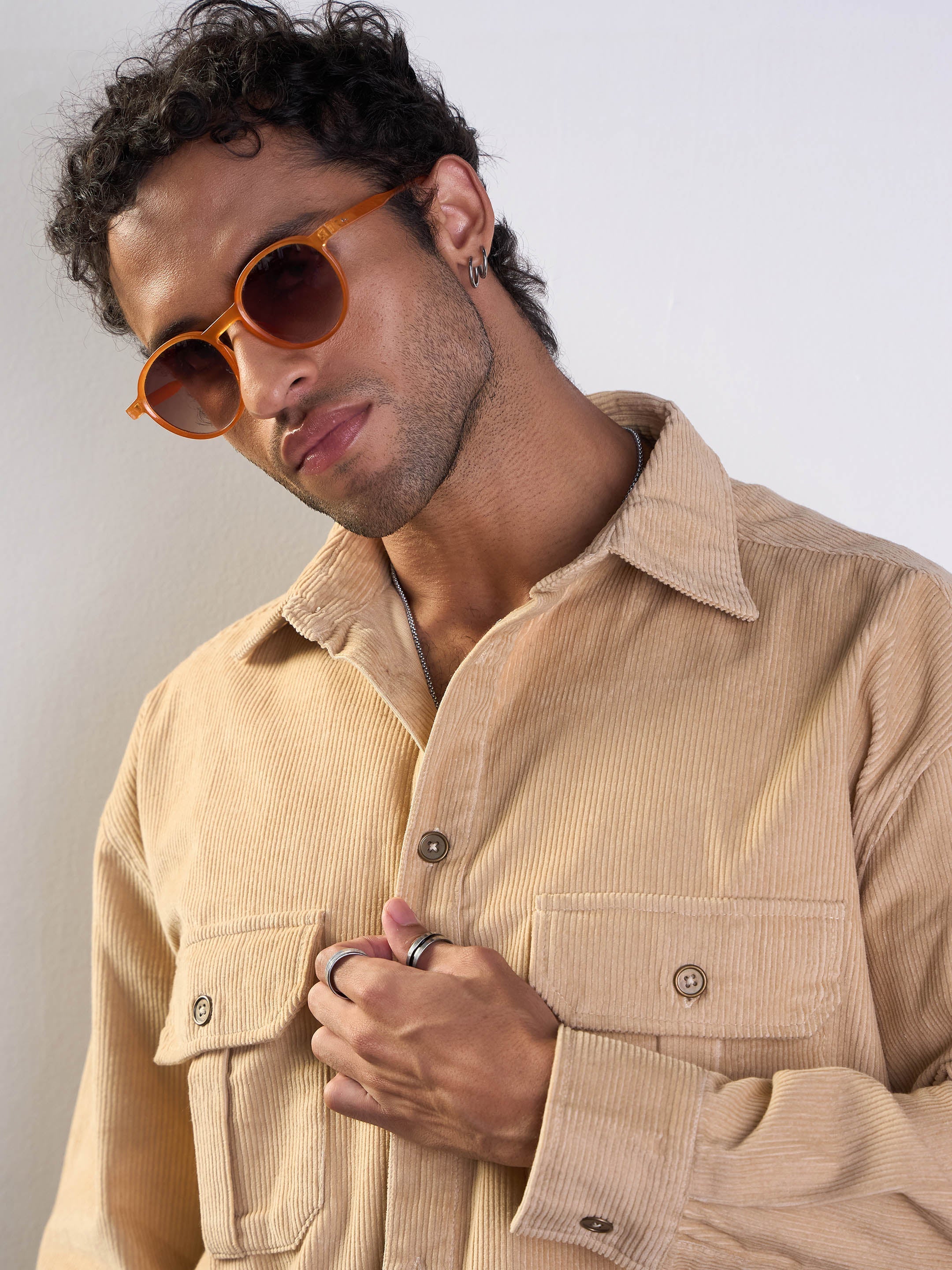 Men Beige Corduroy Elbow Patch Oversize Shirt