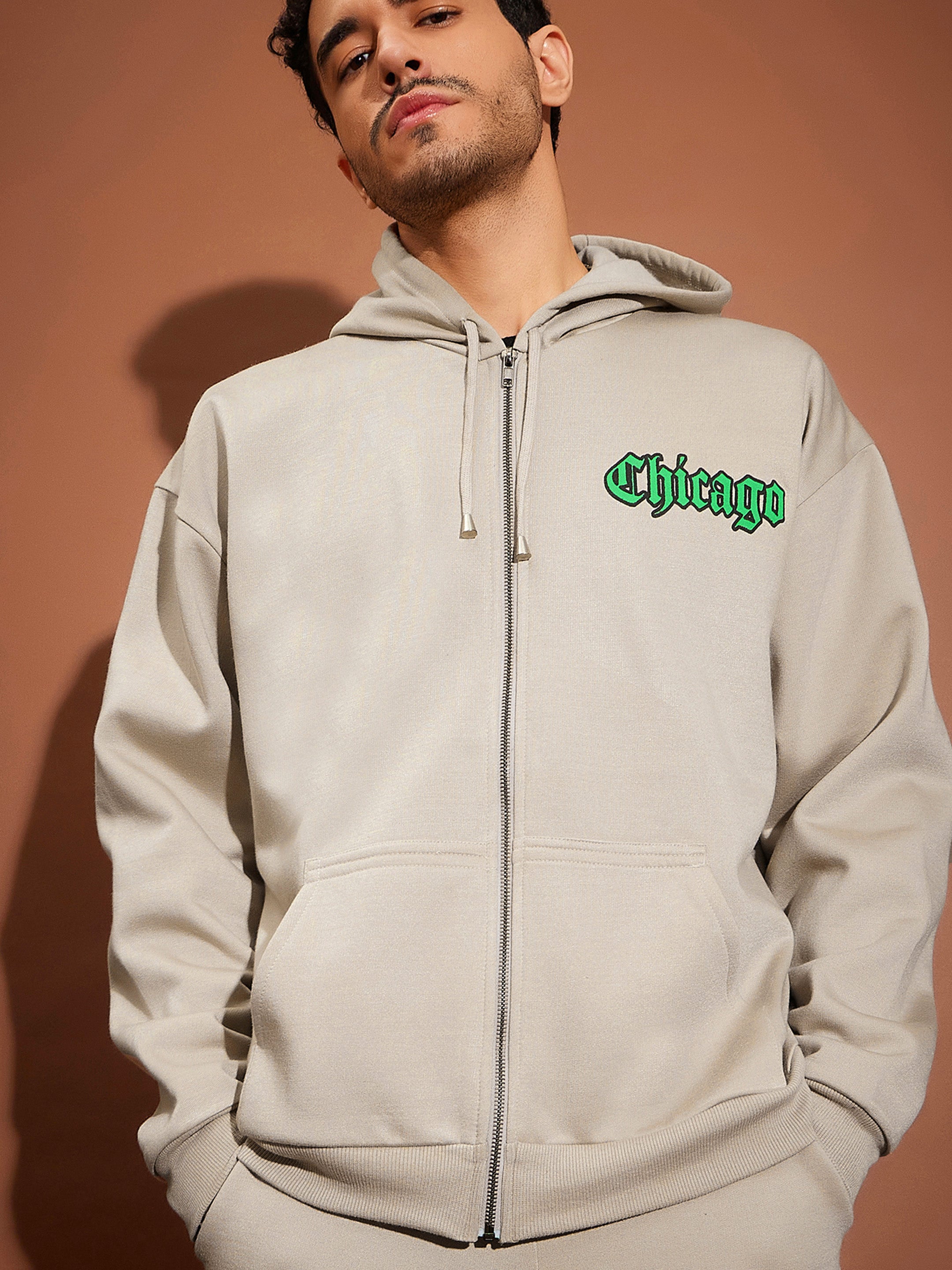 Men Taupe CHICAGO Oversized Zipper Hoodie