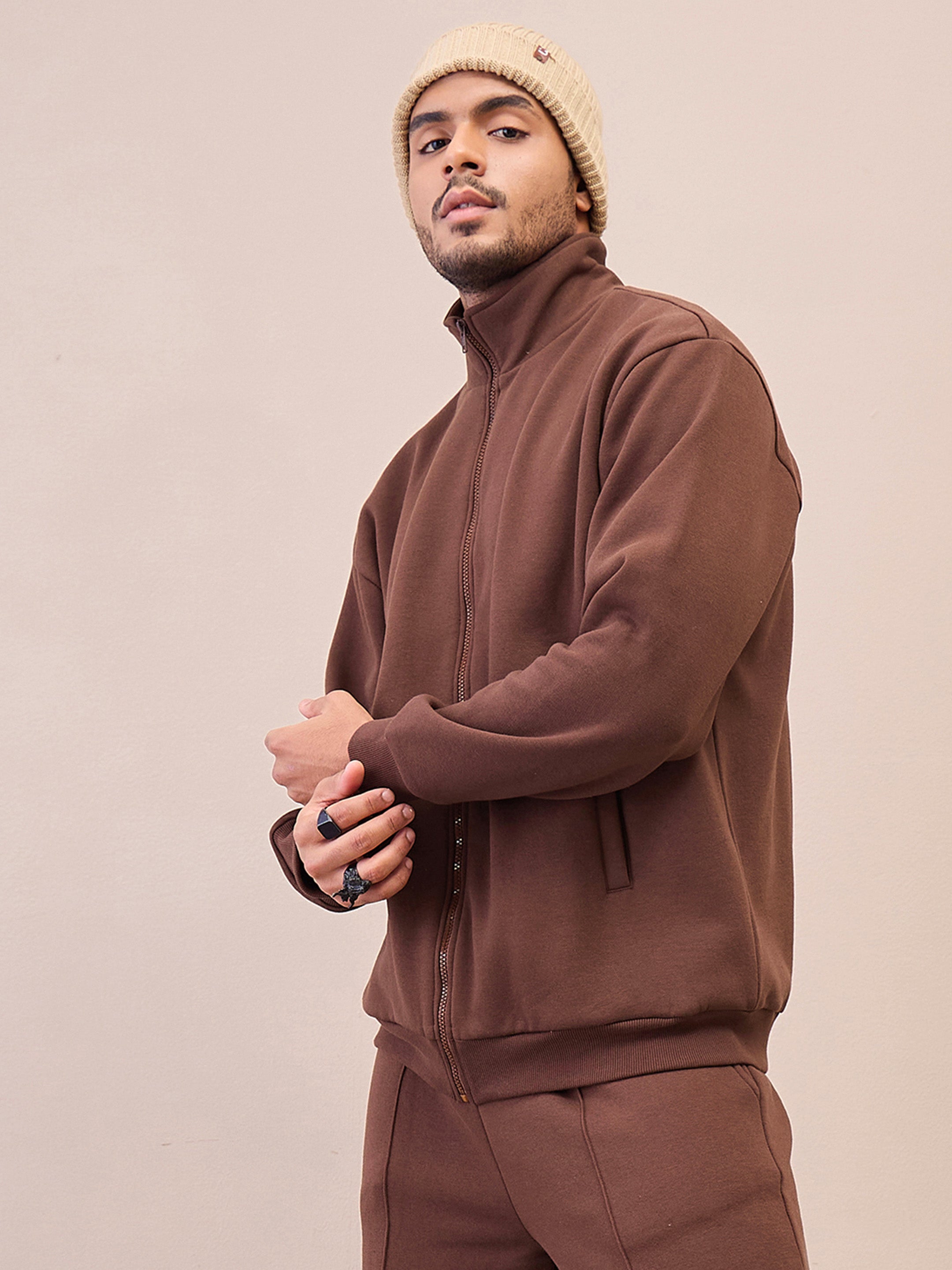 Men Dark Brown Front Zipper Oversize Sweatshirt