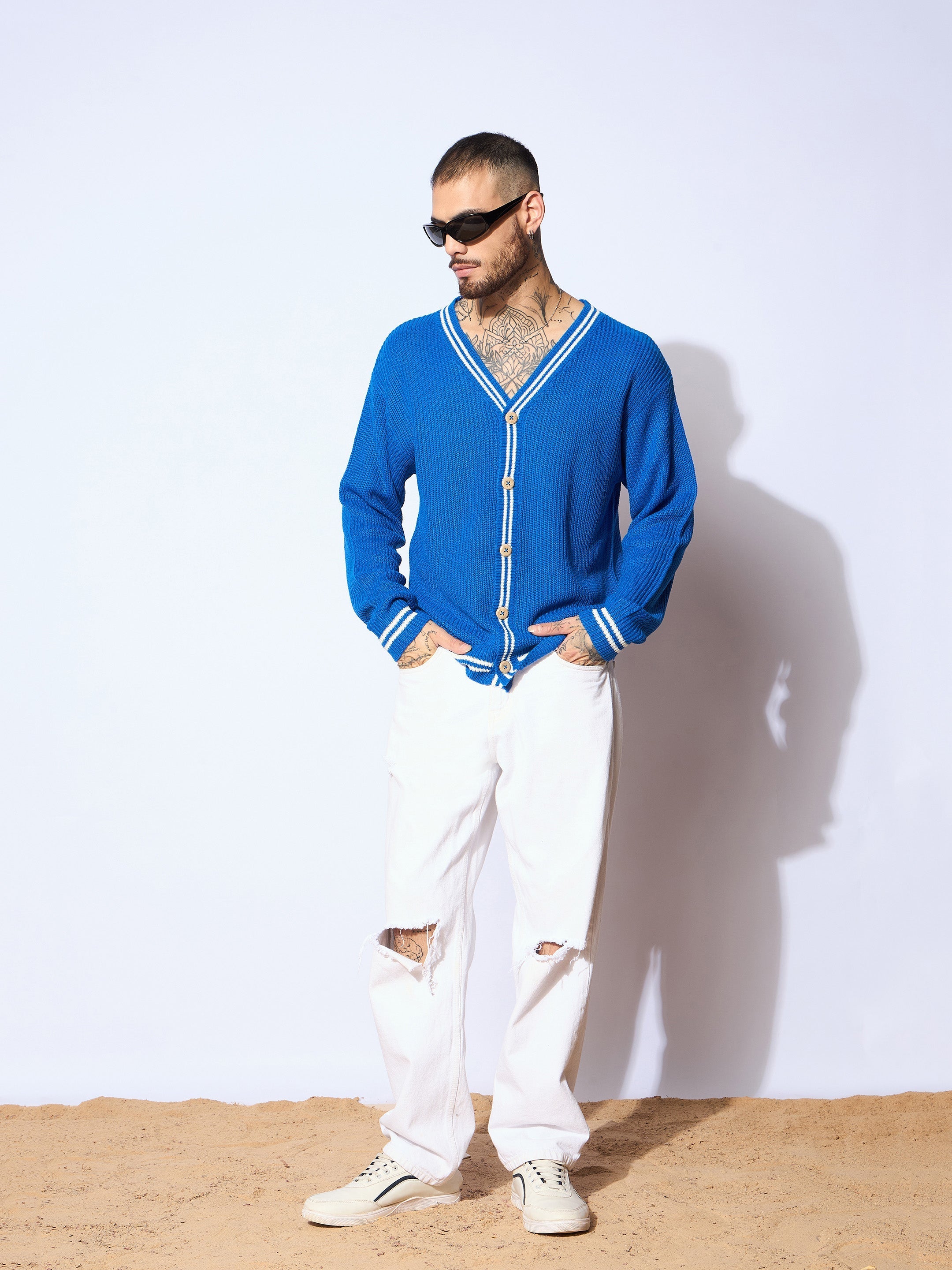 Men Unisex Blue & White Front Button Cardigan