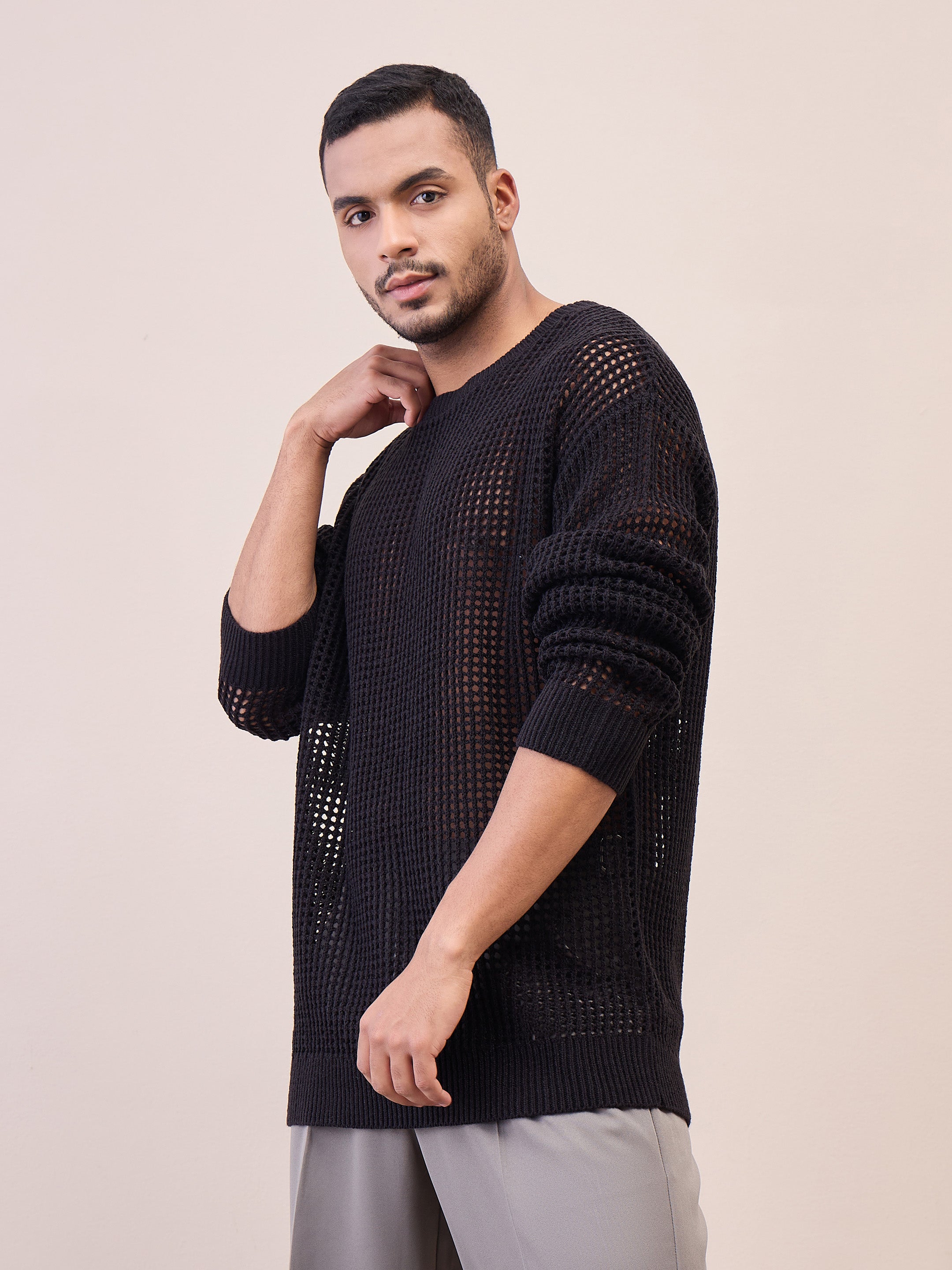 Men Unisex Black Oversize Crochet Sweater